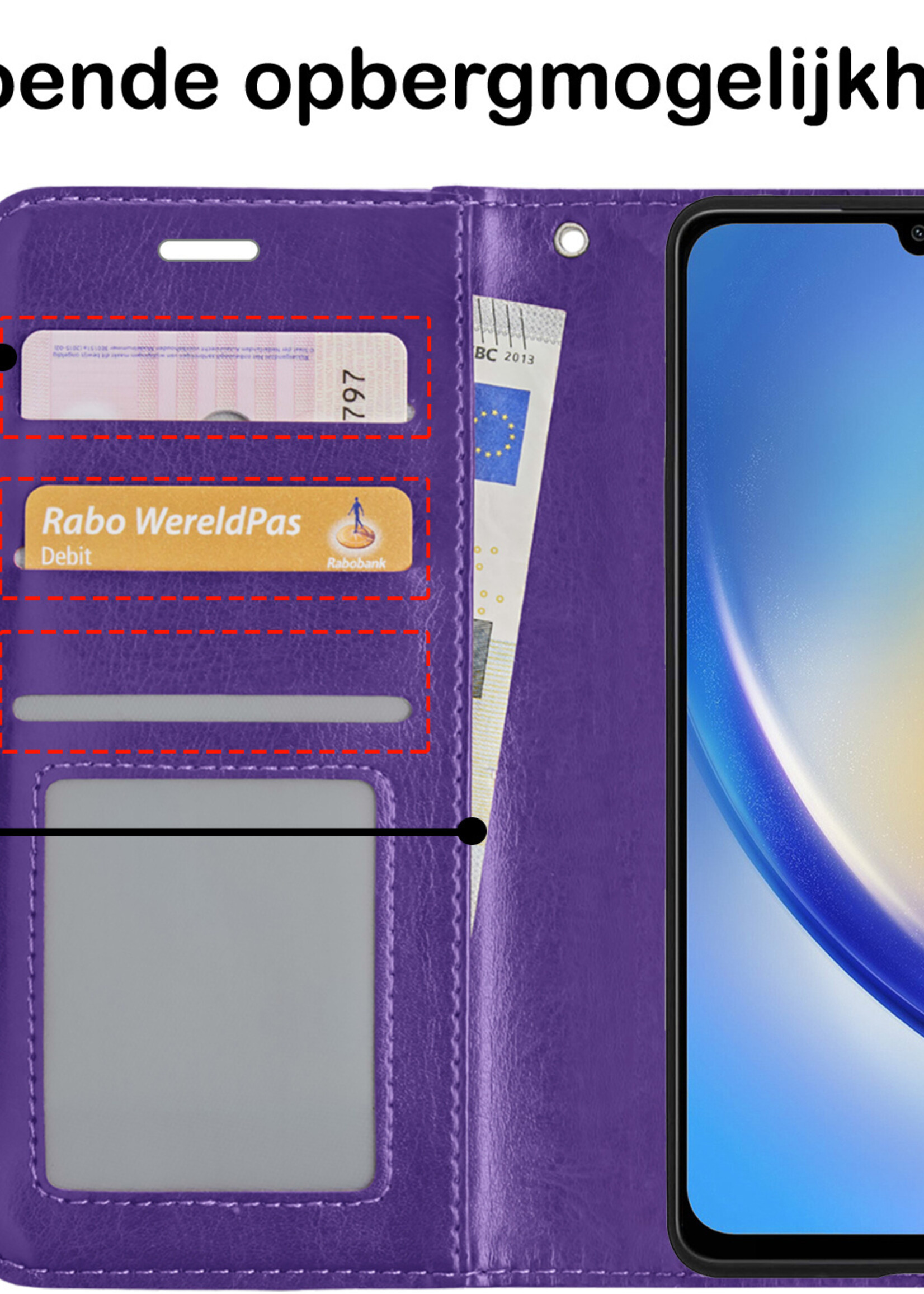 BTH Hoesje Geschikt voor Samsung A34 Hoesje Book Case Hoes Portemonnee Cover Walletcase Met Screenprotector - Hoes Geschikt voor Samsung Galaxy A34 Hoes Bookcase Hoesje - Paars