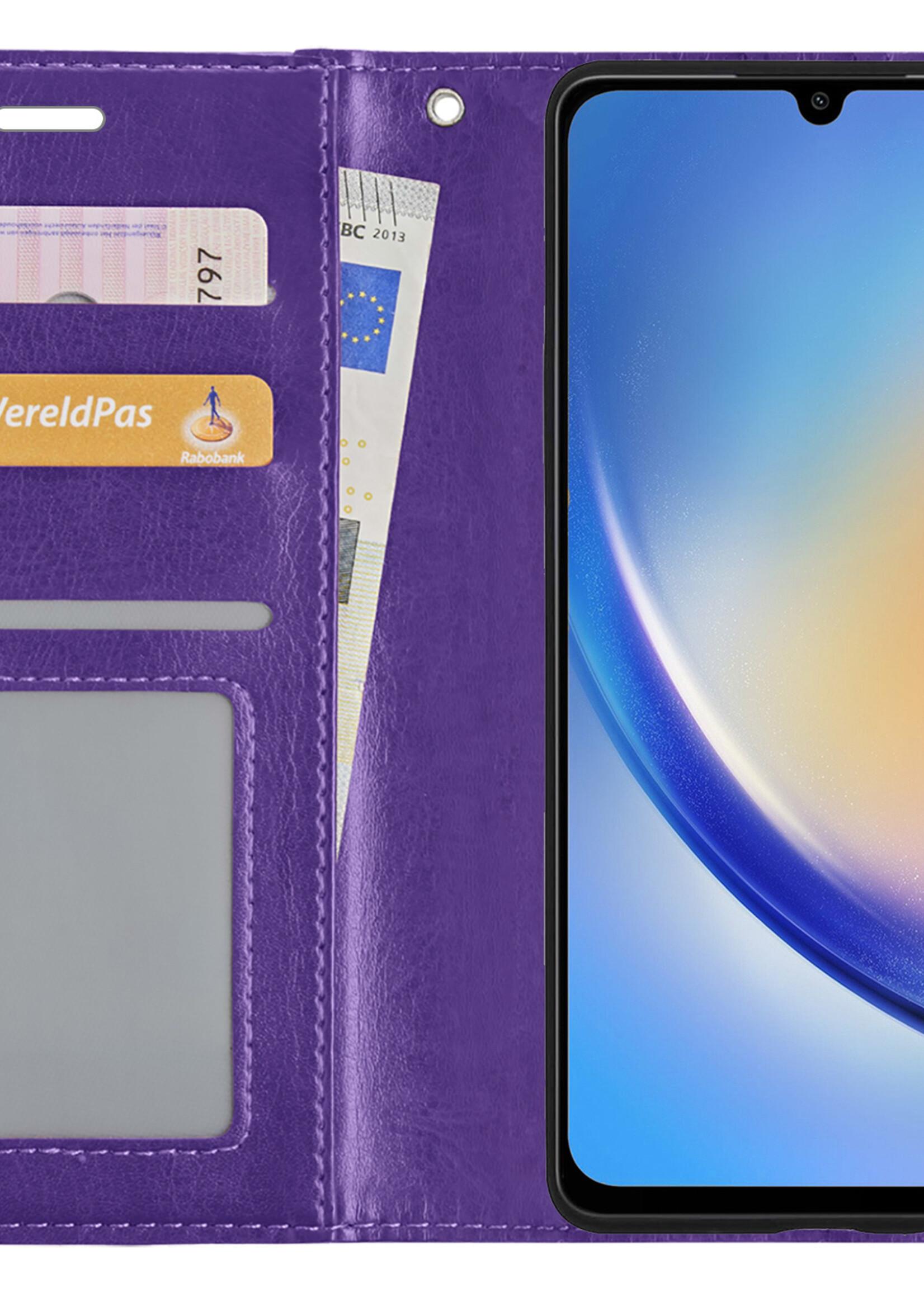 BTH Hoesje Geschikt voor Samsung A34 Hoesje Book Case Hoes Portemonnee Cover Walletcase Met Screenprotector - Hoes Geschikt voor Samsung Galaxy A34 Hoes Bookcase Hoesje - Paars