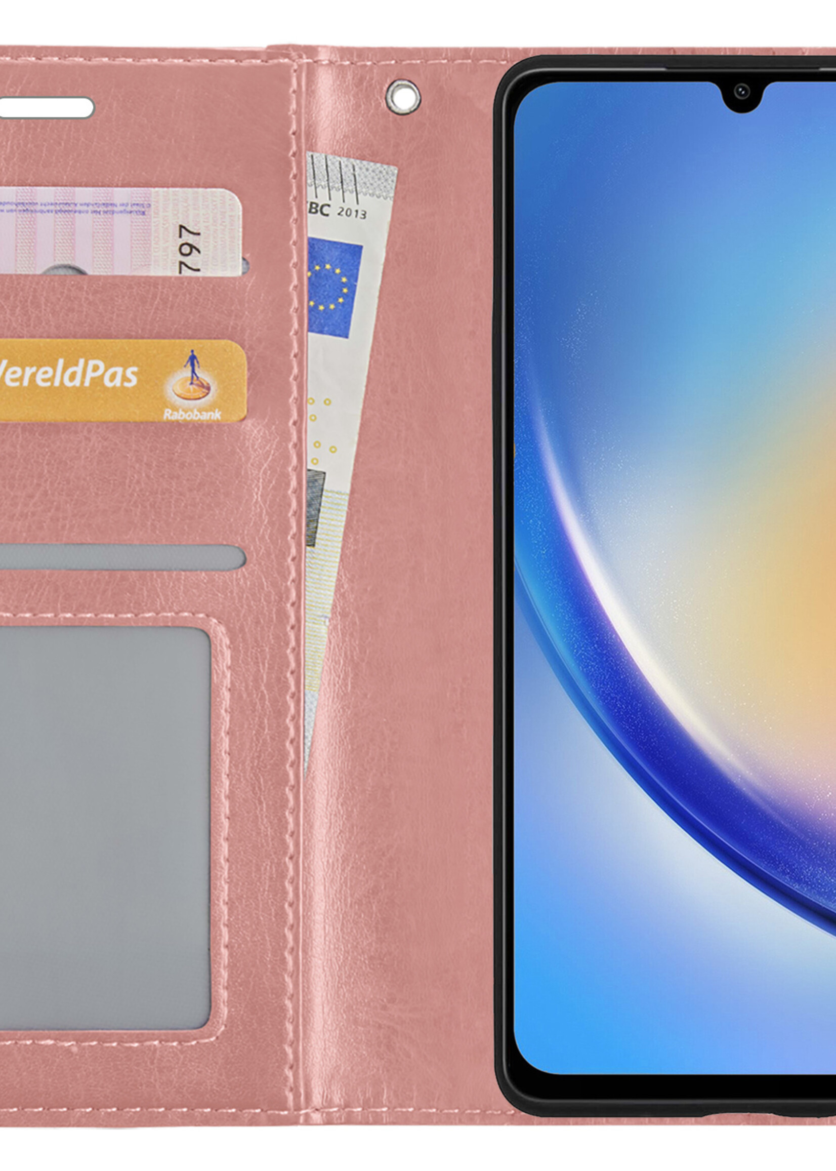 BTH Hoesje Geschikt voor Samsung A34 Hoesje Book Case Hoes Portemonnee Cover Walletcase Met Screenprotector - Hoes Geschikt voor Samsung Galaxy A34 Hoes Bookcase Hoesje - Rosé goud