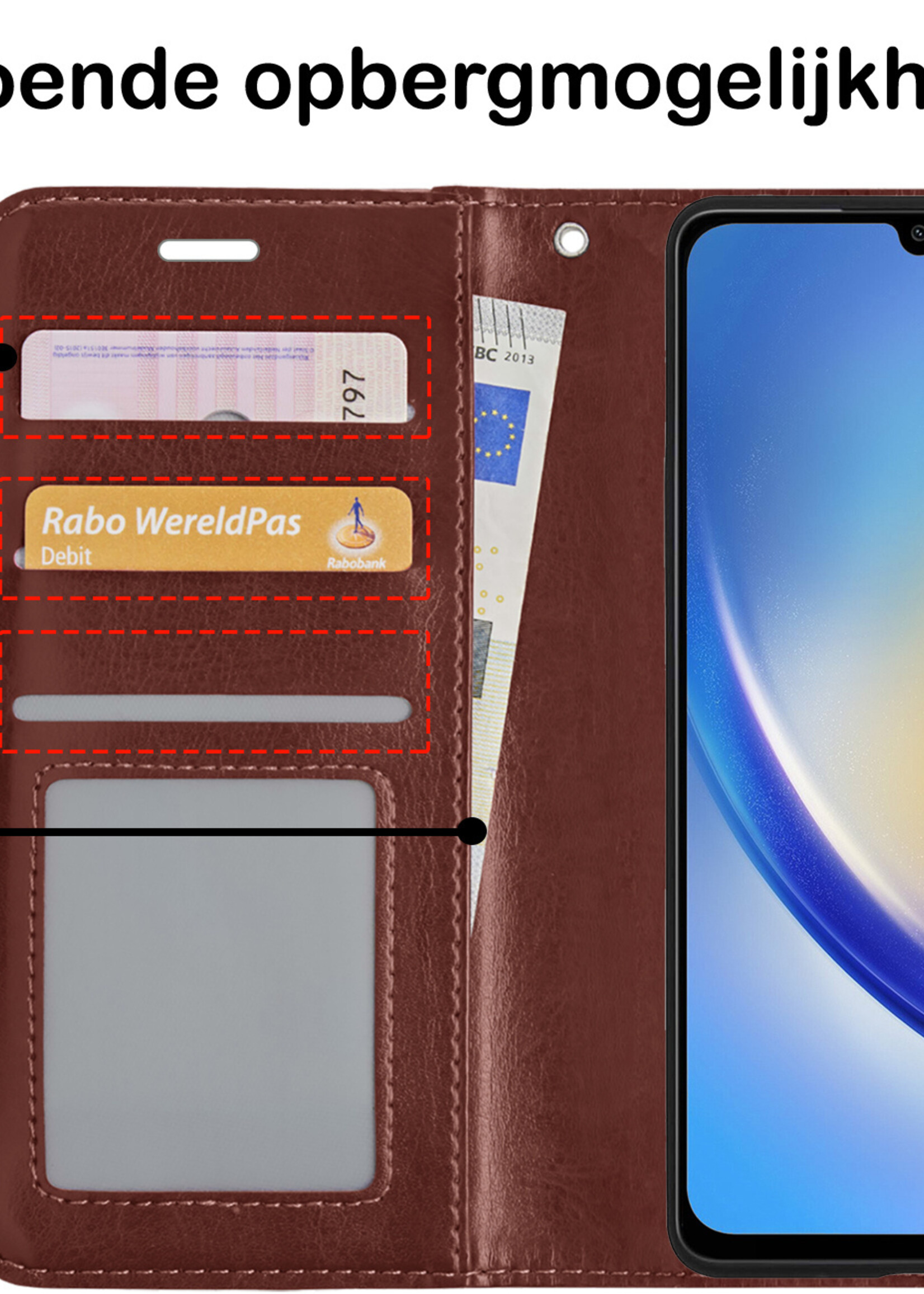 BTH Hoesje Geschikt voor Samsung A34 Hoesje Book Case Hoes Portemonnee Cover Walletcase Met 2x Screenprotector - Hoes Geschikt voor Samsung Galaxy A34 Hoes Bookcase Hoesje - Bruin