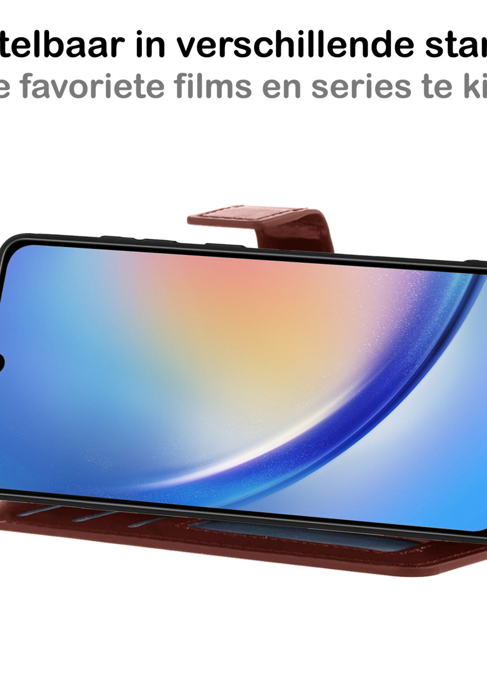 BTH Hoesje Geschikt voor Samsung A34 Hoesje Book Case Hoes Portemonnee Cover Walletcase Met 2x Screenprotector - Hoes Geschikt voor Samsung Galaxy A34 Hoes Bookcase Hoesje - Bruin