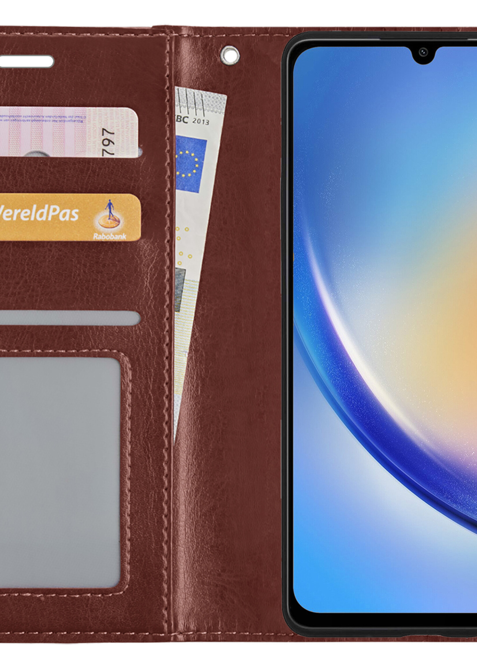 BTH Hoesje Geschikt voor Samsung A34 Hoesje Book Case Hoes Portemonnee Cover Walletcase Met 2x Screenprotector - Hoes Geschikt voor Samsung Galaxy A34 Hoes Bookcase Hoesje - Bruin