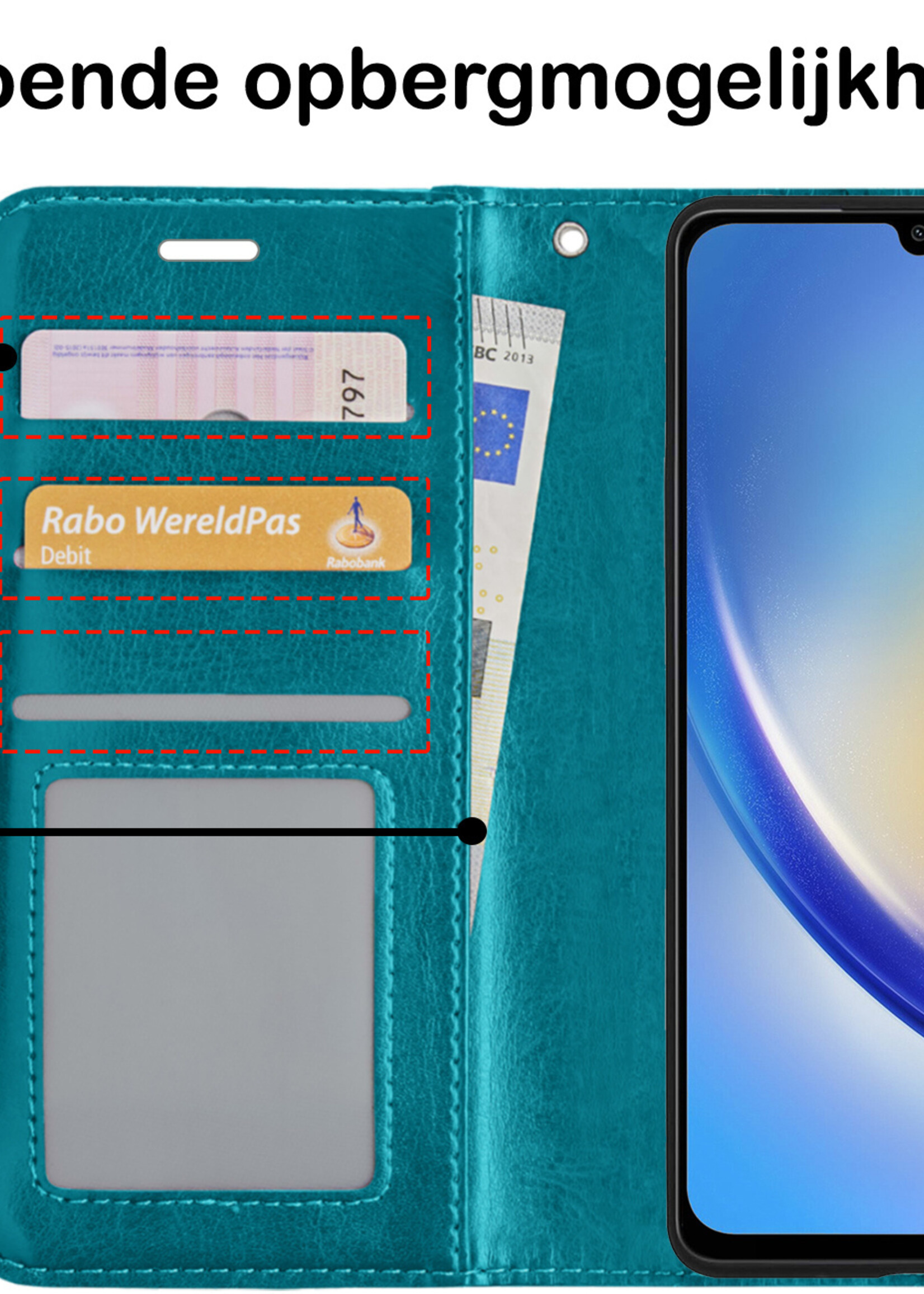 BTH Hoesje Geschikt voor Samsung A34 Hoesje Book Case Hoes Portemonnee Cover Walletcase Met 2x Screenprotector - Hoes Geschikt voor Samsung Galaxy A34 Hoes Bookcase Hoesje - Turquoise