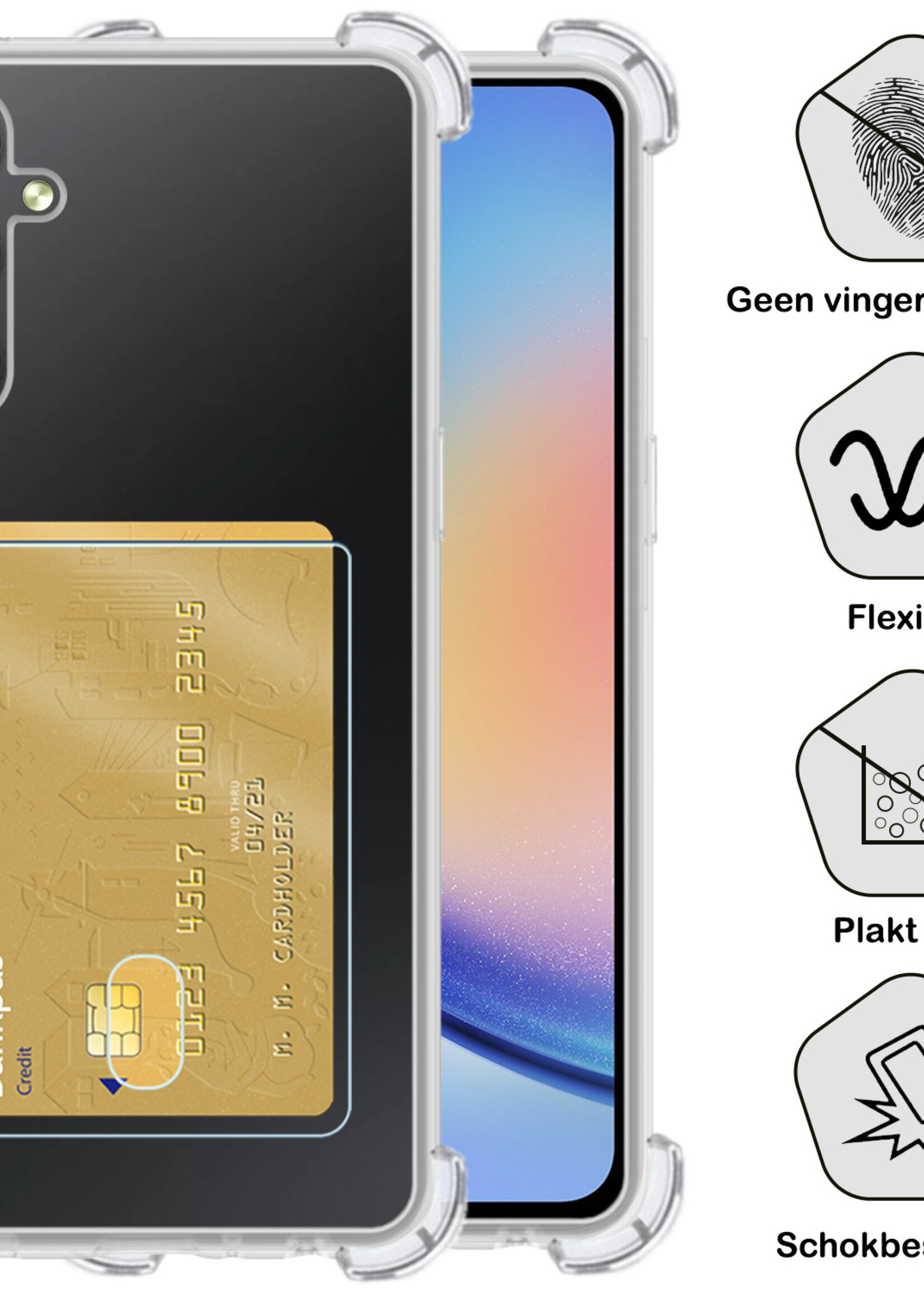 BTH Hoesje Geschikt voor Samsung A34 Hoesje Met Pasjeshouder Siliconen Case Met Kaarthouder Met Screenprotector - Hoes Geschikt voor Samsung Galaxy A34 Hoesje Shock Proof Case - Transparant