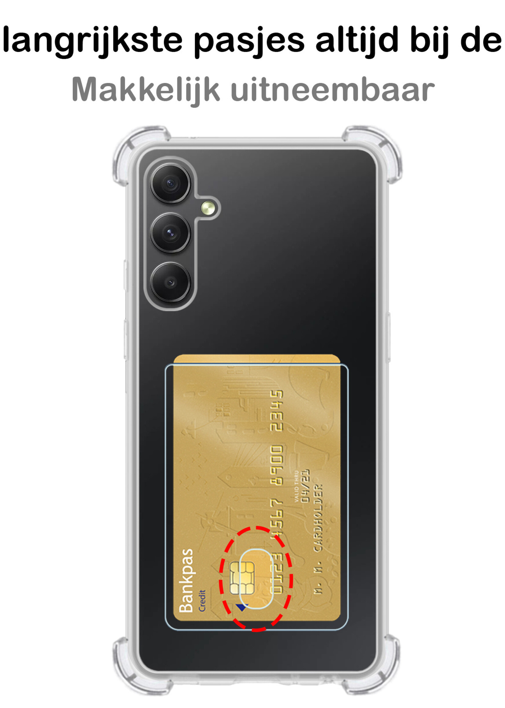 BTH Hoesje Geschikt voor Samsung A34 Hoesje Met Pasjeshouder Siliconen Case Met Kaarthouder Met Screenprotector - Hoes Geschikt voor Samsung Galaxy A34 Hoesje Shock Proof Case - Transparant