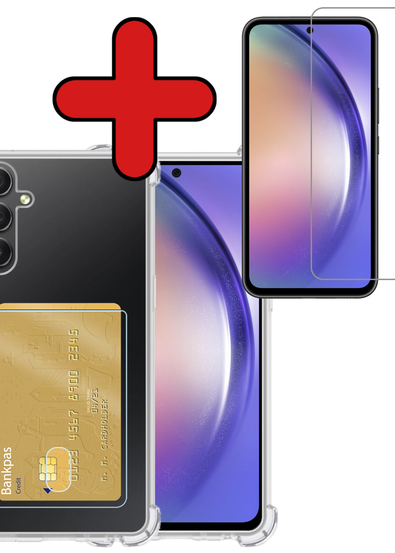 BTH Hoesje Geschikt voor Samsung A54 Hoesje Met Pasjeshouder Siliconen Case Met Kaarthouder Met Screenprotector - Hoes Geschikt voor Samsung Galaxy A54 Hoesje Shock Proof Case - Transparant