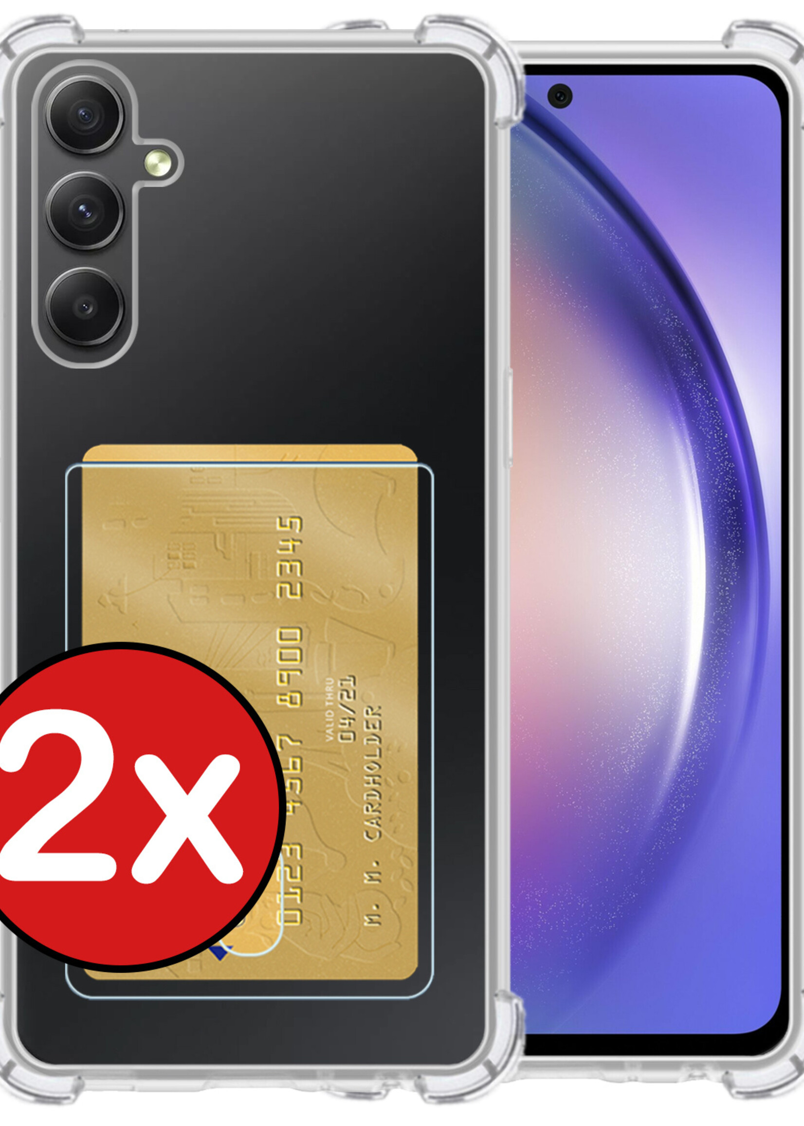 BTH Hoesje Geschikt voor Samsung A54 Hoesje Met Pasjeshouder Siliconen Case Met Kaarthouder - Hoes Geschikt voor Samsung Galaxy A54 Hoesje Shock Proof Case - Transparant - 2 PACK