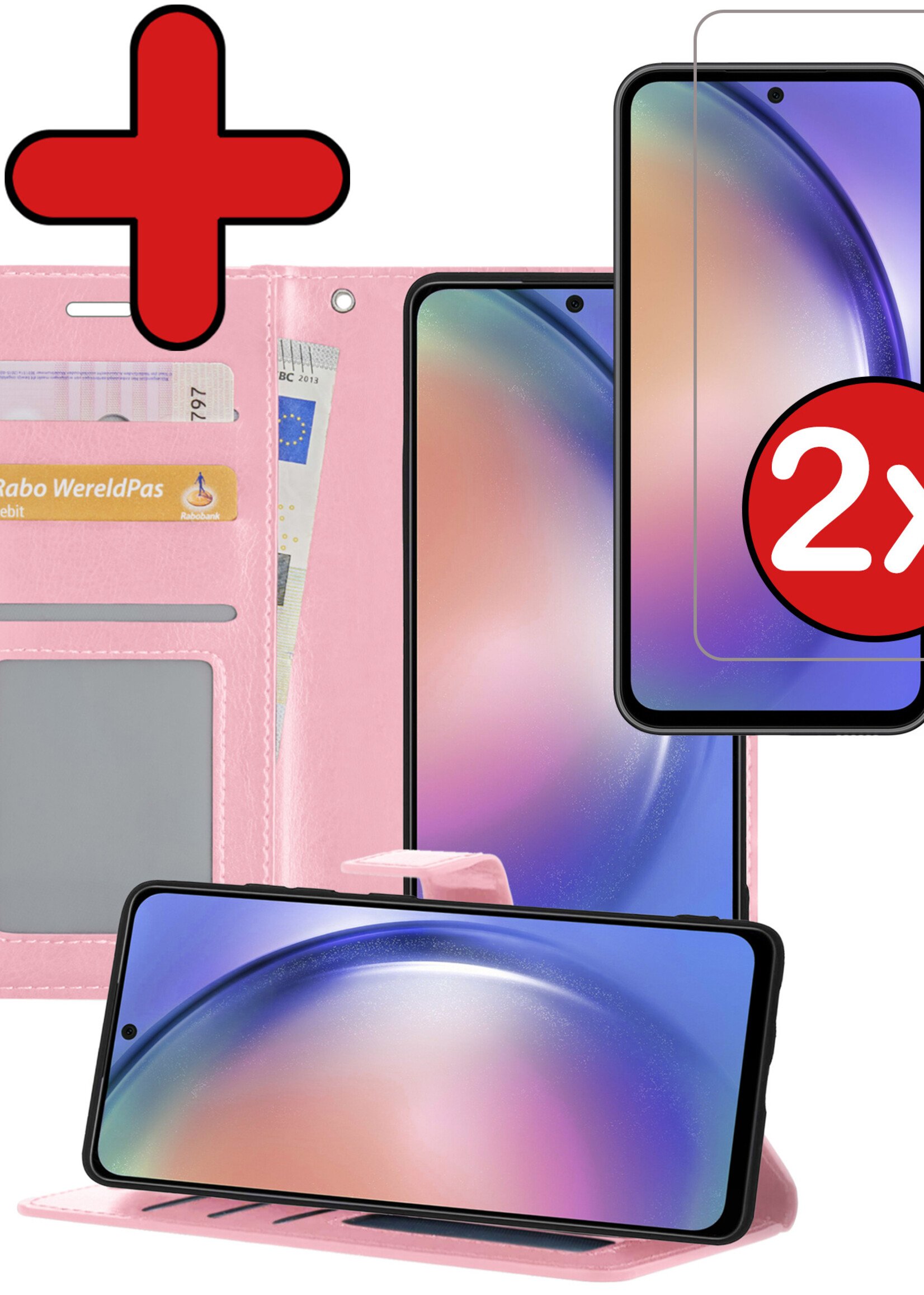 BTH Hoesje Geschikt voor Samsung A54 Hoesje Book Case Hoes Portemonnee Cover Walletcase Met 2x Screenprotector - Hoes Geschikt voor Samsung Galaxy A54 Hoes Bookcase Hoesje - Lichtroze