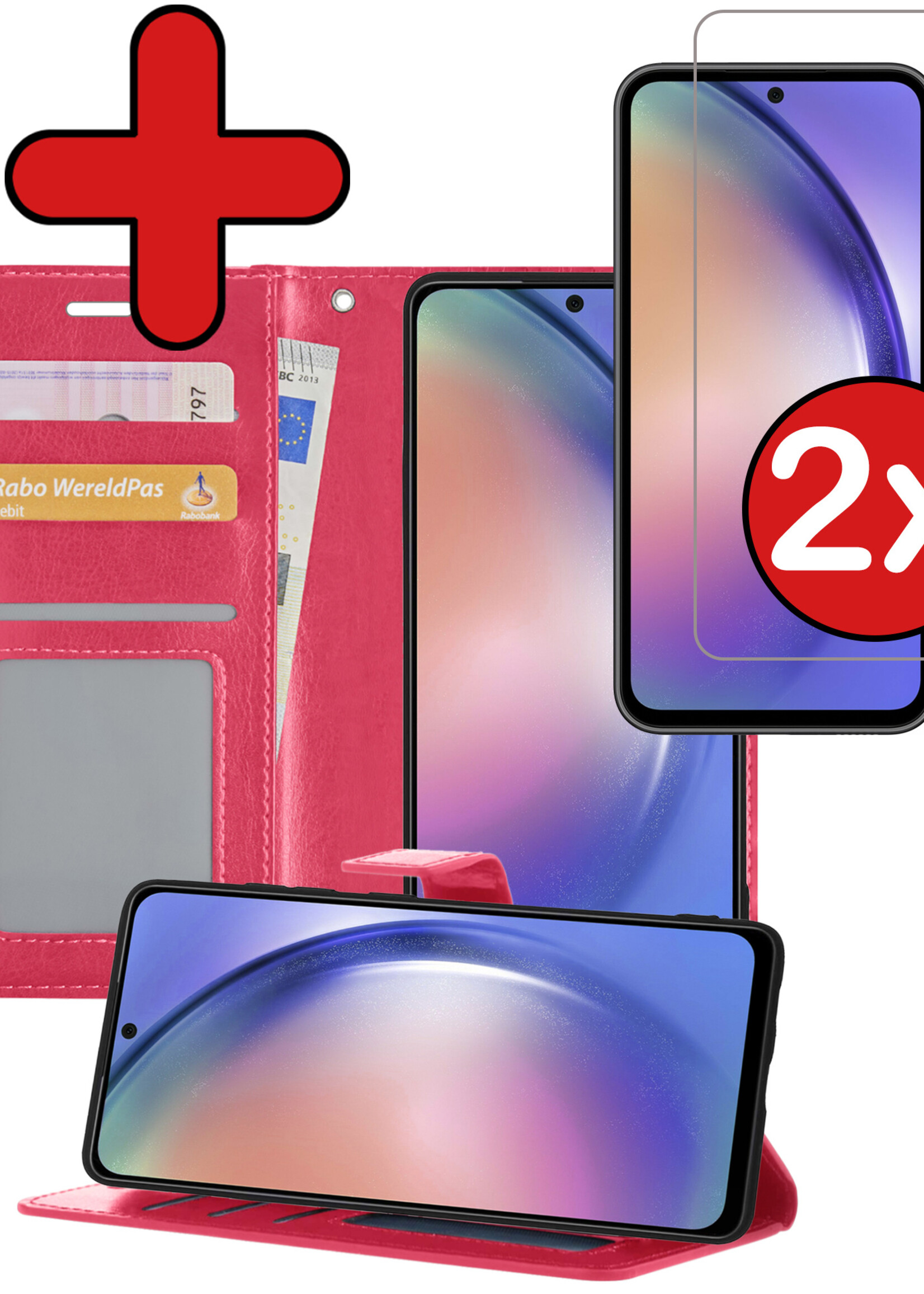 BTH Hoesje Geschikt voor Samsung A54 Hoesje Book Case Hoes Portemonnee Cover Walletcase Met 2x Screenprotector - Hoes Geschikt voor Samsung Galaxy A54 Hoes Bookcase Hoesje - Donkerroze