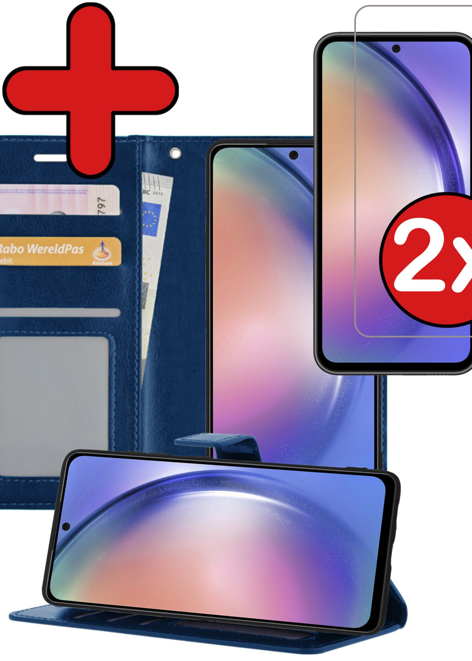 BTH Hoesje Geschikt voor Samsung A54 Hoesje Book Case Hoes Portemonnee Cover Walletcase Met 2x Screenprotector - Hoes Geschikt voor Samsung Galaxy A54 Hoes Bookcase Hoesje - Donkerblauw