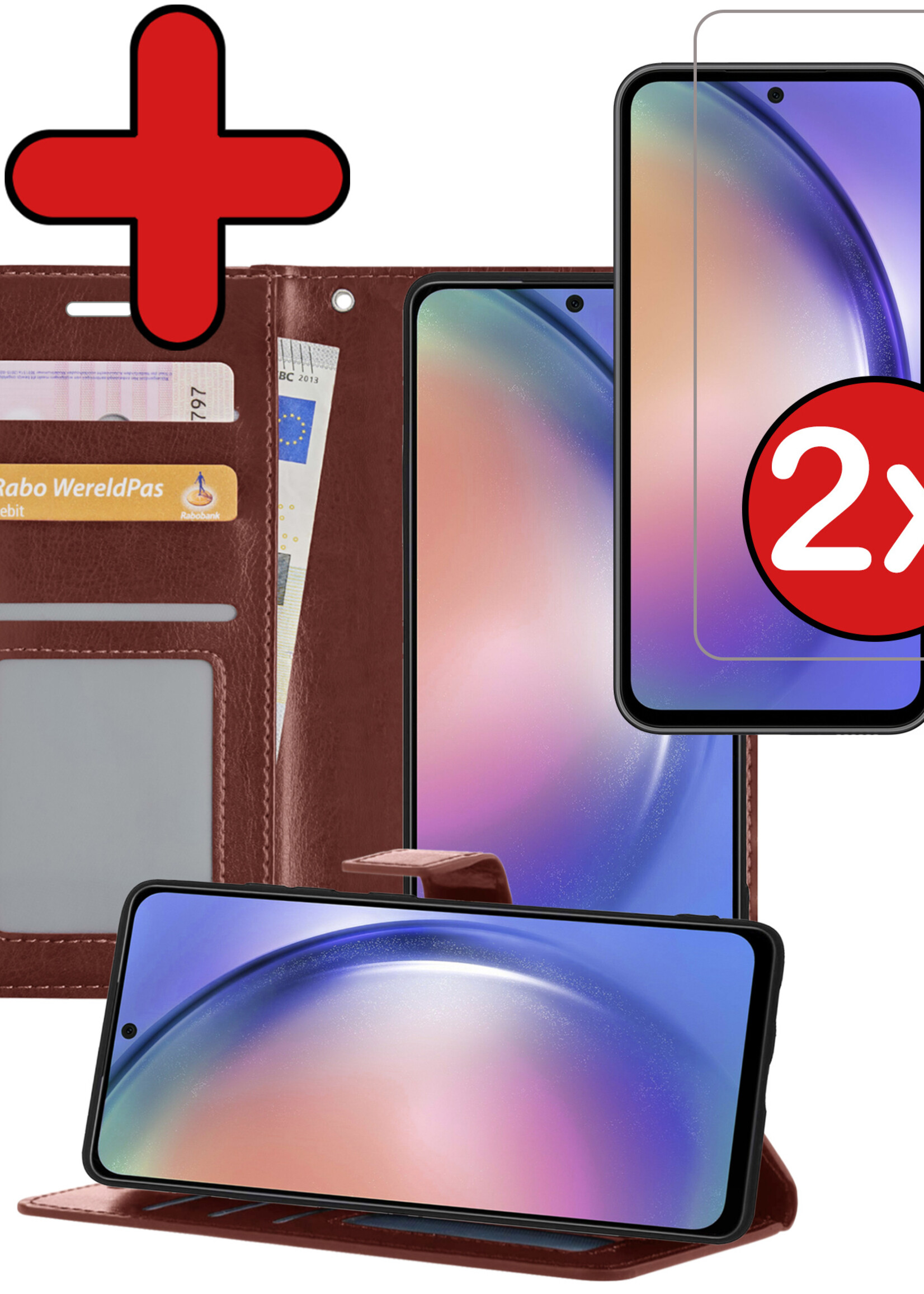 BTH Hoesje Geschikt voor Samsung A54 Hoesje Book Case Hoes Portemonnee Cover Walletcase Met 2x Screenprotector - Hoes Geschikt voor Samsung Galaxy A54 Hoes Bookcase Hoesje - Bruin
