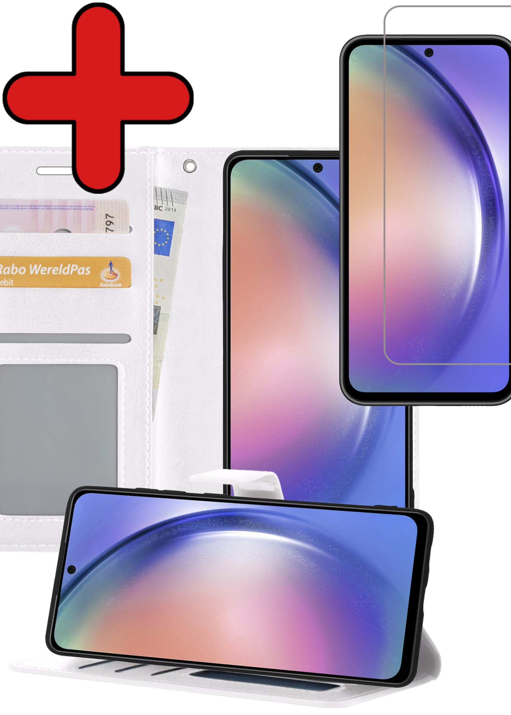 BTH Hoesje Geschikt voor Samsung A54 Hoesje Book Case Hoes Portemonnee Cover Walletcase Met Screenprotector - Hoes Geschikt voor Samsung Galaxy A54 Hoes Bookcase Hoesje - Wit