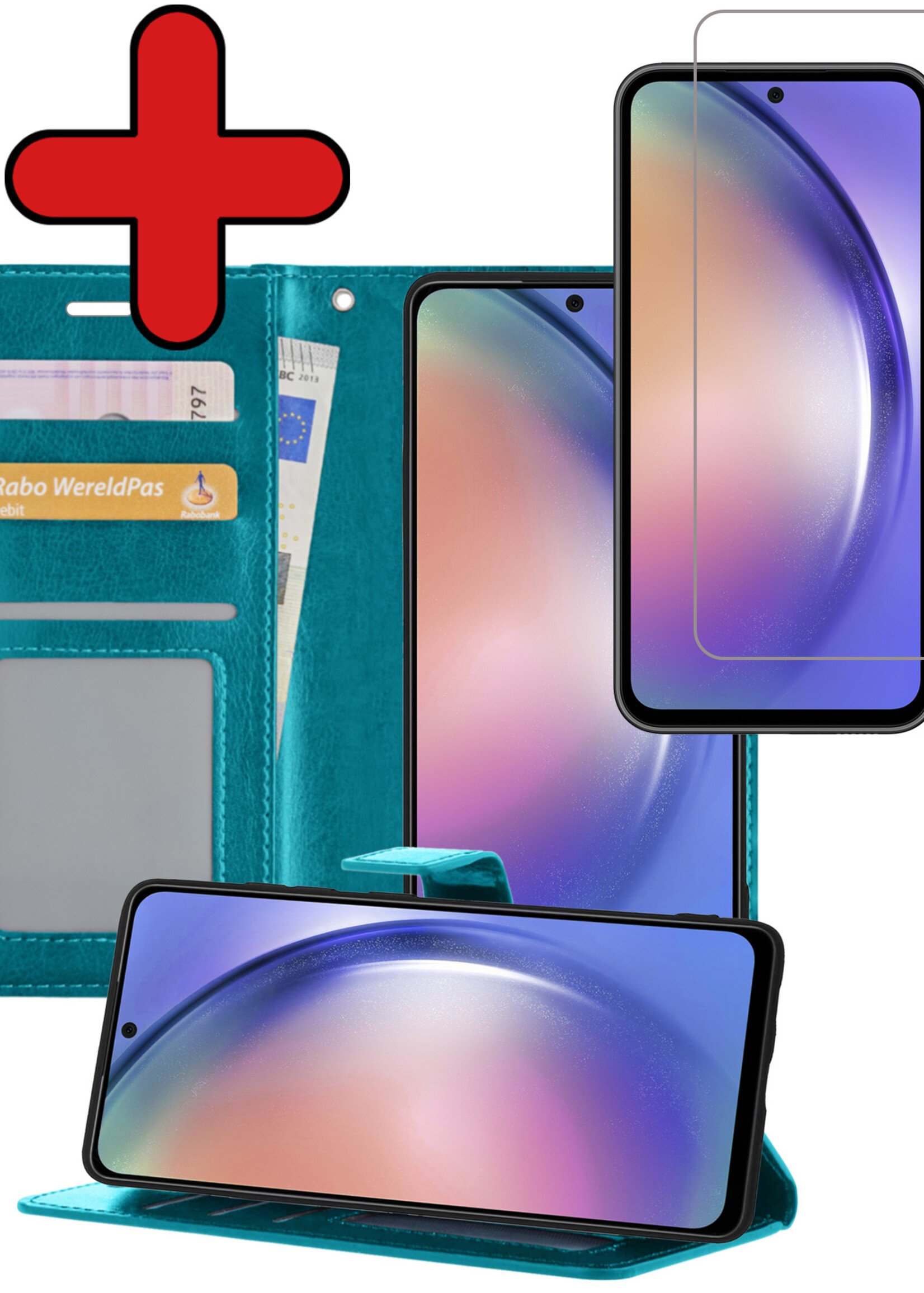 BTH Hoesje Geschikt voor Samsung A54 Hoesje Book Case Hoes Portemonnee Cover Walletcase Met Screenprotector - Hoes Geschikt voor Samsung Galaxy A54 Hoes Bookcase Hoesje - Turquoise