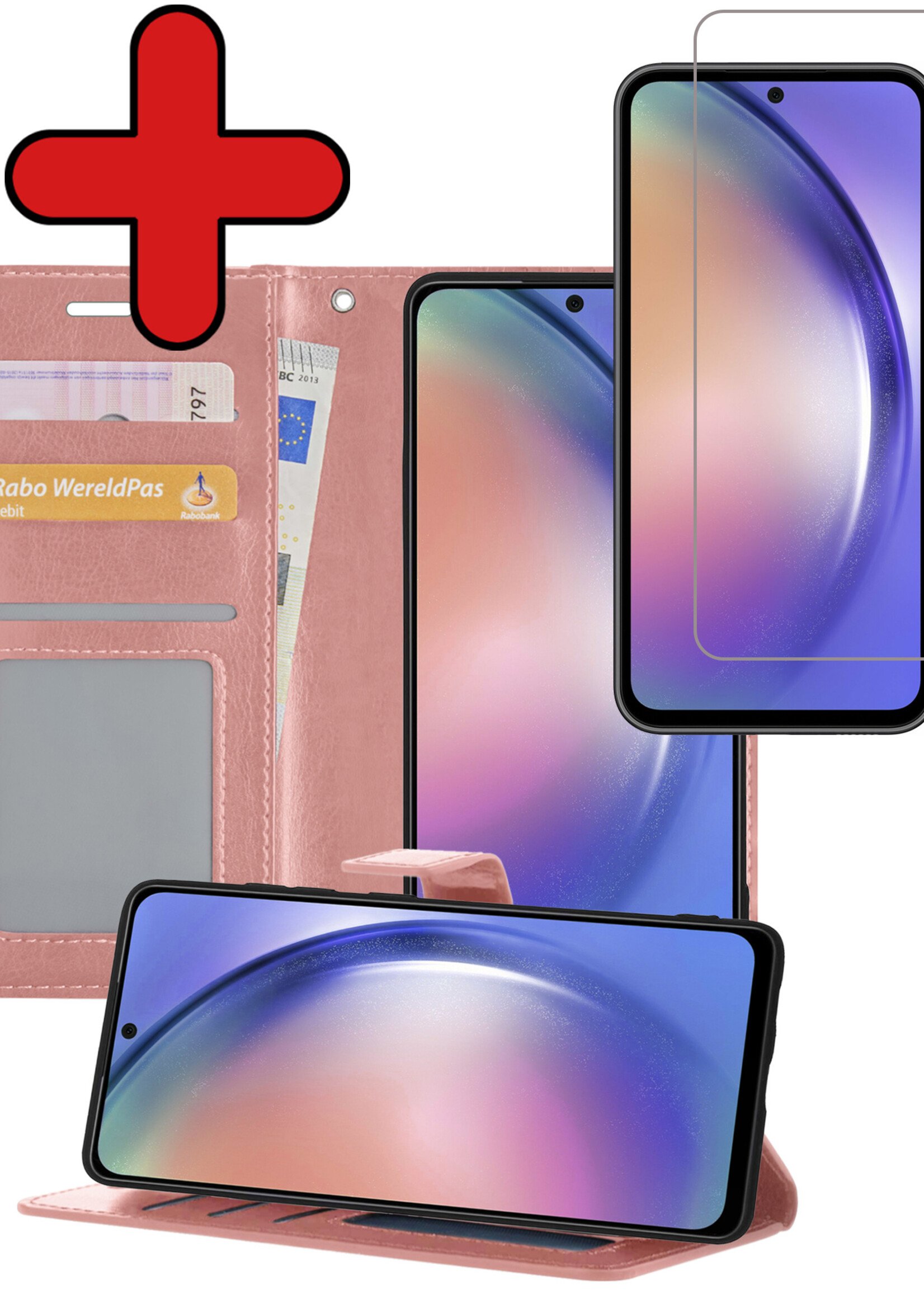 BTH Hoesje Geschikt voor Samsung A54 Hoesje Book Case Hoes Portemonnee Cover Walletcase Met Screenprotector - Hoes Geschikt voor Samsung Galaxy A54 Hoes Bookcase Hoesje - Rosé goud