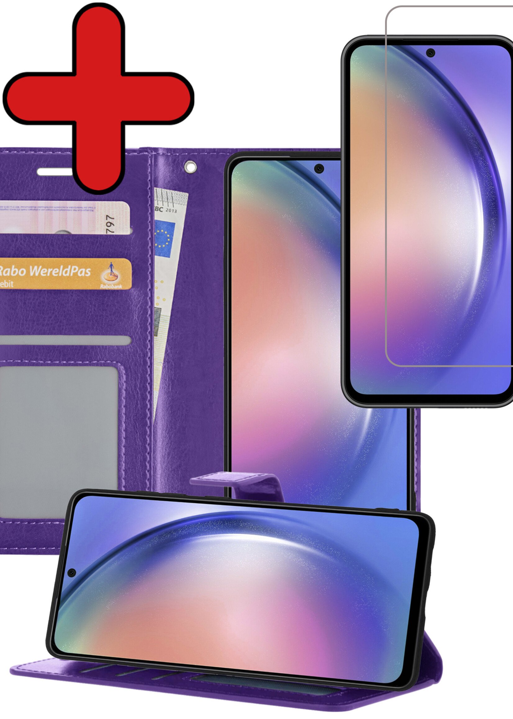 BTH Hoesje Geschikt voor Samsung A54 Hoesje Book Case Hoes Portemonnee Cover Walletcase Met Screenprotector - Hoes Geschikt voor Samsung Galaxy A54 Hoes Bookcase Hoesje - Paars