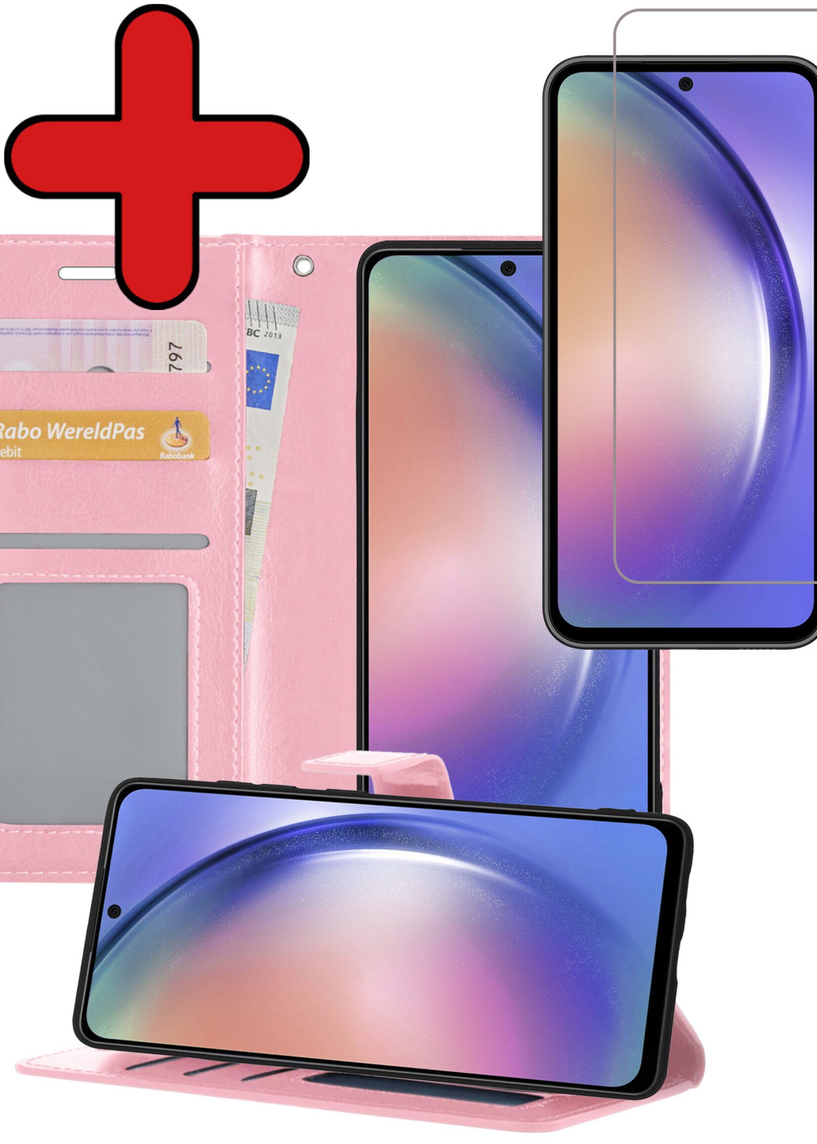 BTH Hoesje Geschikt voor Samsung A54 Hoesje Book Case Hoes Portemonnee Cover Walletcase Met Screenprotector - Hoes Geschikt voor Samsung Galaxy A54 Hoes Bookcase Hoesje - Lichtroze