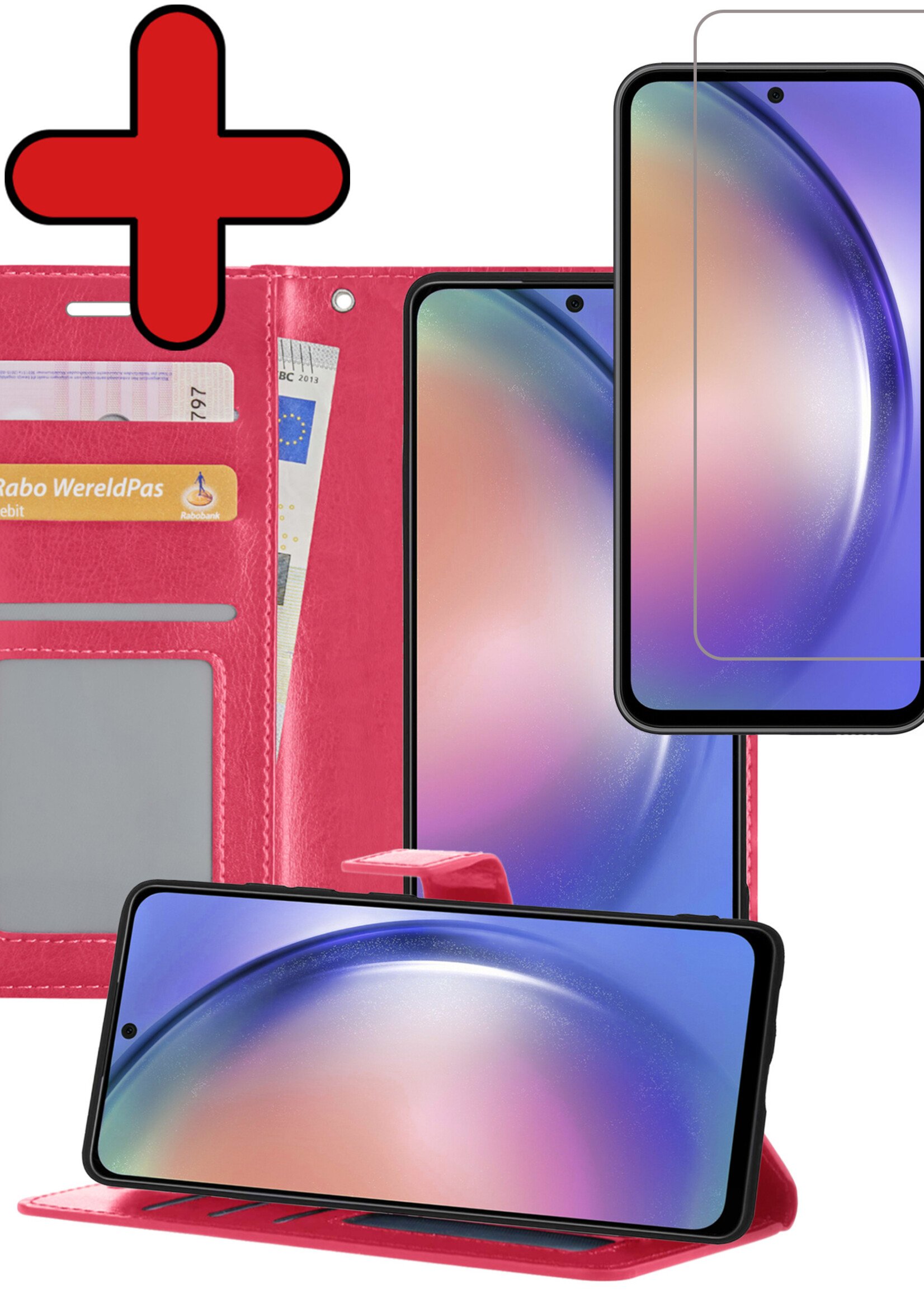 BTH Hoesje Geschikt voor Samsung A54 Hoesje Book Case Hoes Portemonnee Cover Walletcase Met Screenprotector - Hoes Geschikt voor Samsung Galaxy A54 Hoes Bookcase Hoesje - Donkerroze