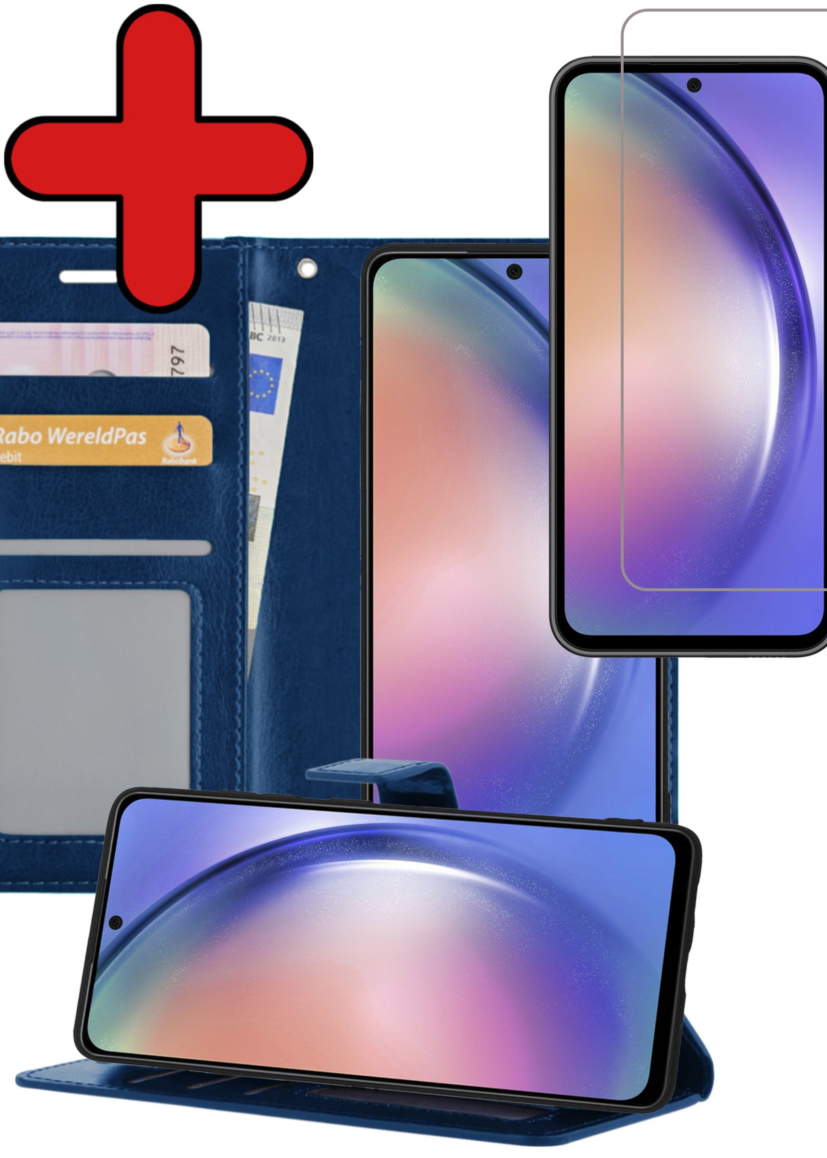 BTH Hoesje Geschikt voor Samsung A54 Hoesje Book Case Hoes Portemonnee Cover Walletcase Met Screenprotector - Hoes Geschikt voor Samsung Galaxy A54 Hoes Bookcase Hoesje - Donkerblauw