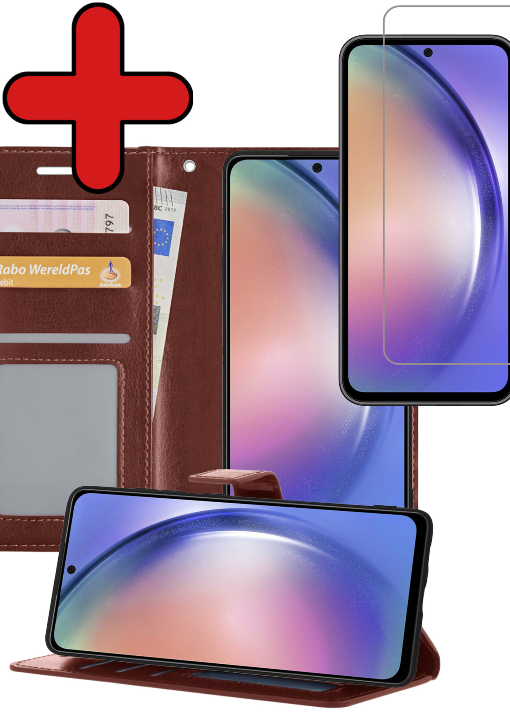 BTH Hoesje Geschikt voor Samsung A54 Hoesje Book Case Hoes Portemonnee Cover Walletcase Met Screenprotector - Hoes Geschikt voor Samsung Galaxy A54 Hoes Bookcase Hoesje - Bruin