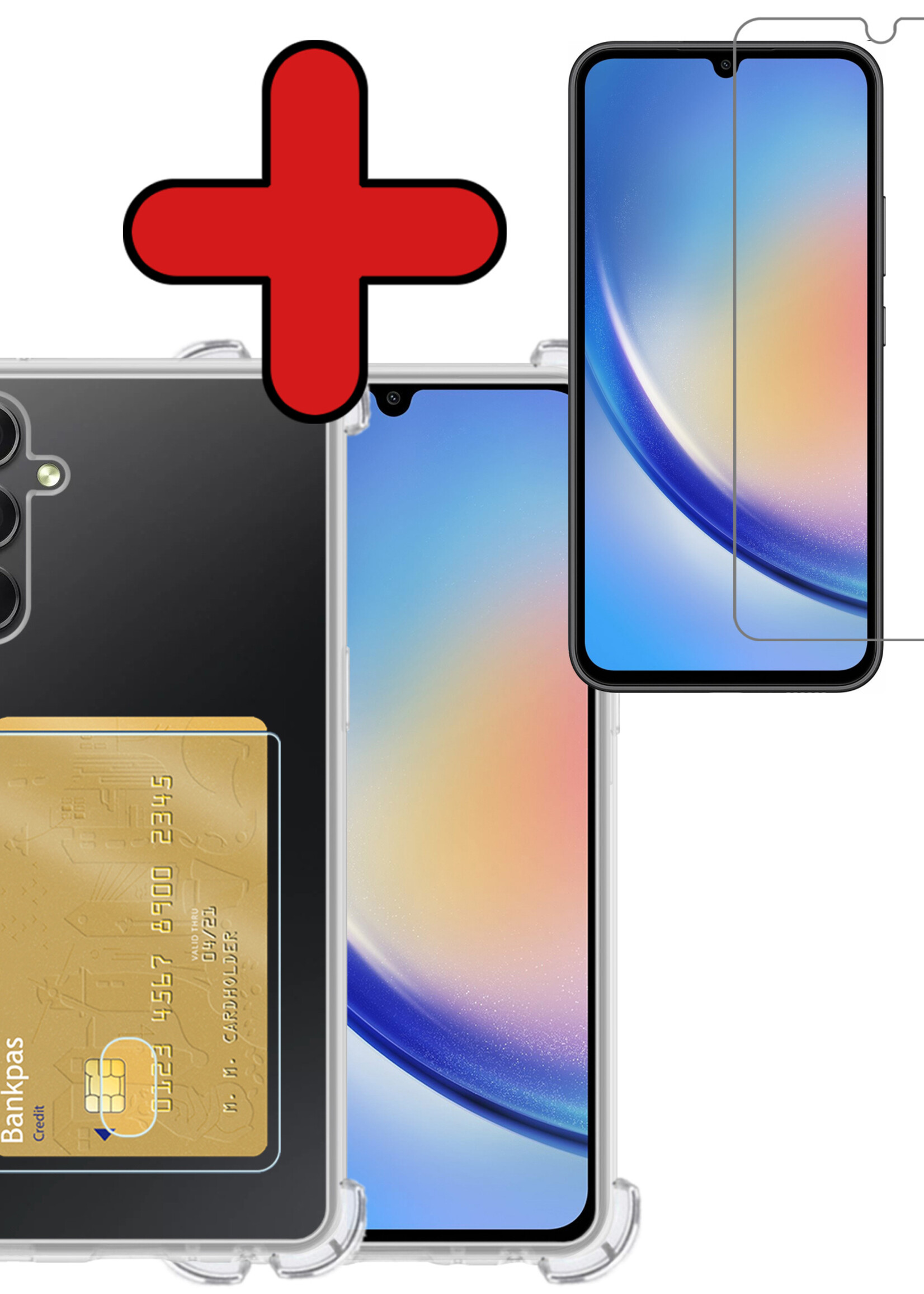 BTH Hoesje Geschikt voor Samsung A34 Hoesje Met Pasjeshouder Siliconen Case Met Kaarthouder Met Screenprotector - Hoes Geschikt voor Samsung Galaxy A34 Hoesje Shock Proof Case - Transparant