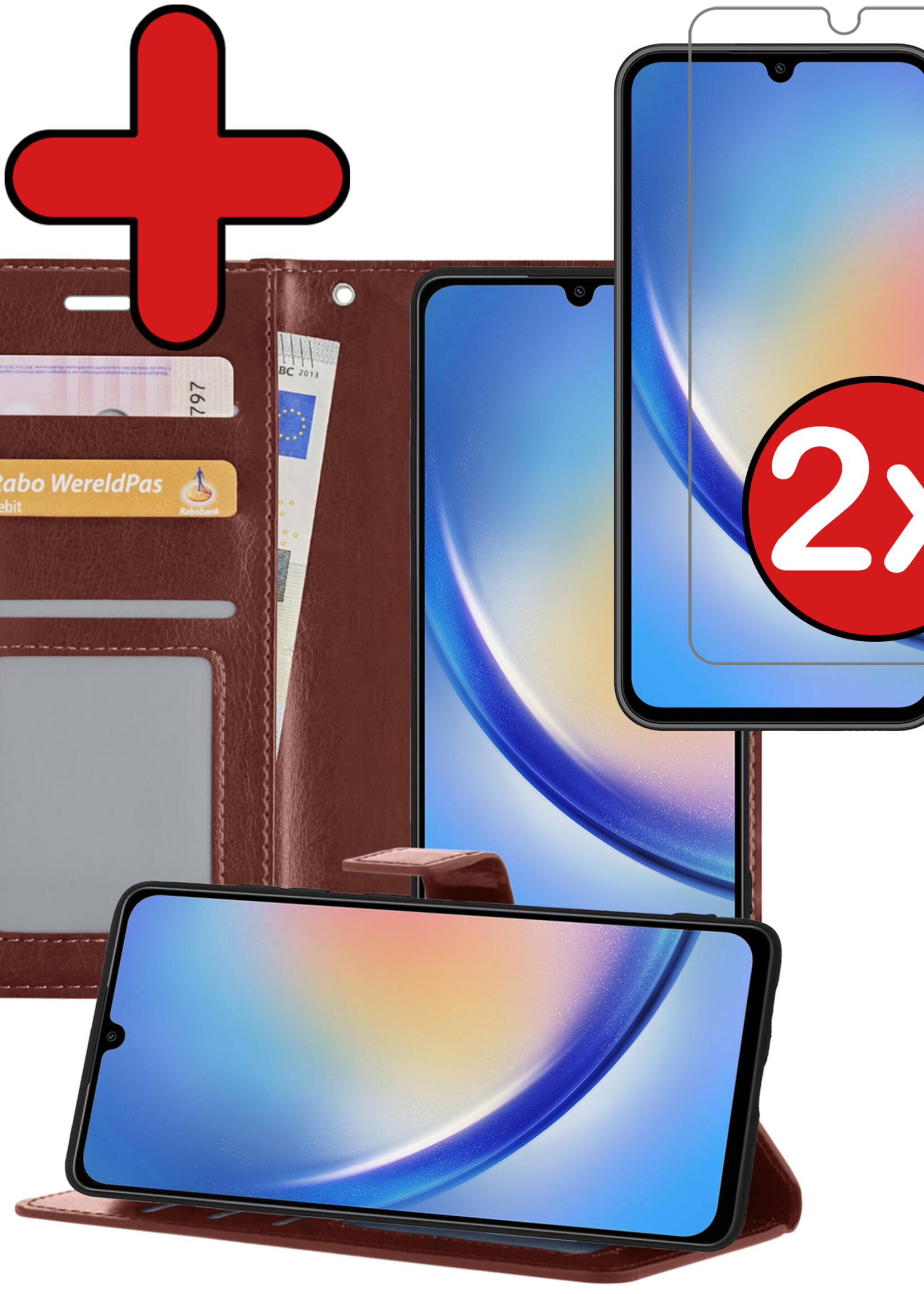 BTH Hoesje Geschikt voor Samsung A34 Hoesje Book Case Hoes Portemonnee Cover Walletcase Met 2x Screenprotector - Hoes Geschikt voor Samsung Galaxy A34 Hoes Bookcase Hoesje - Bruin