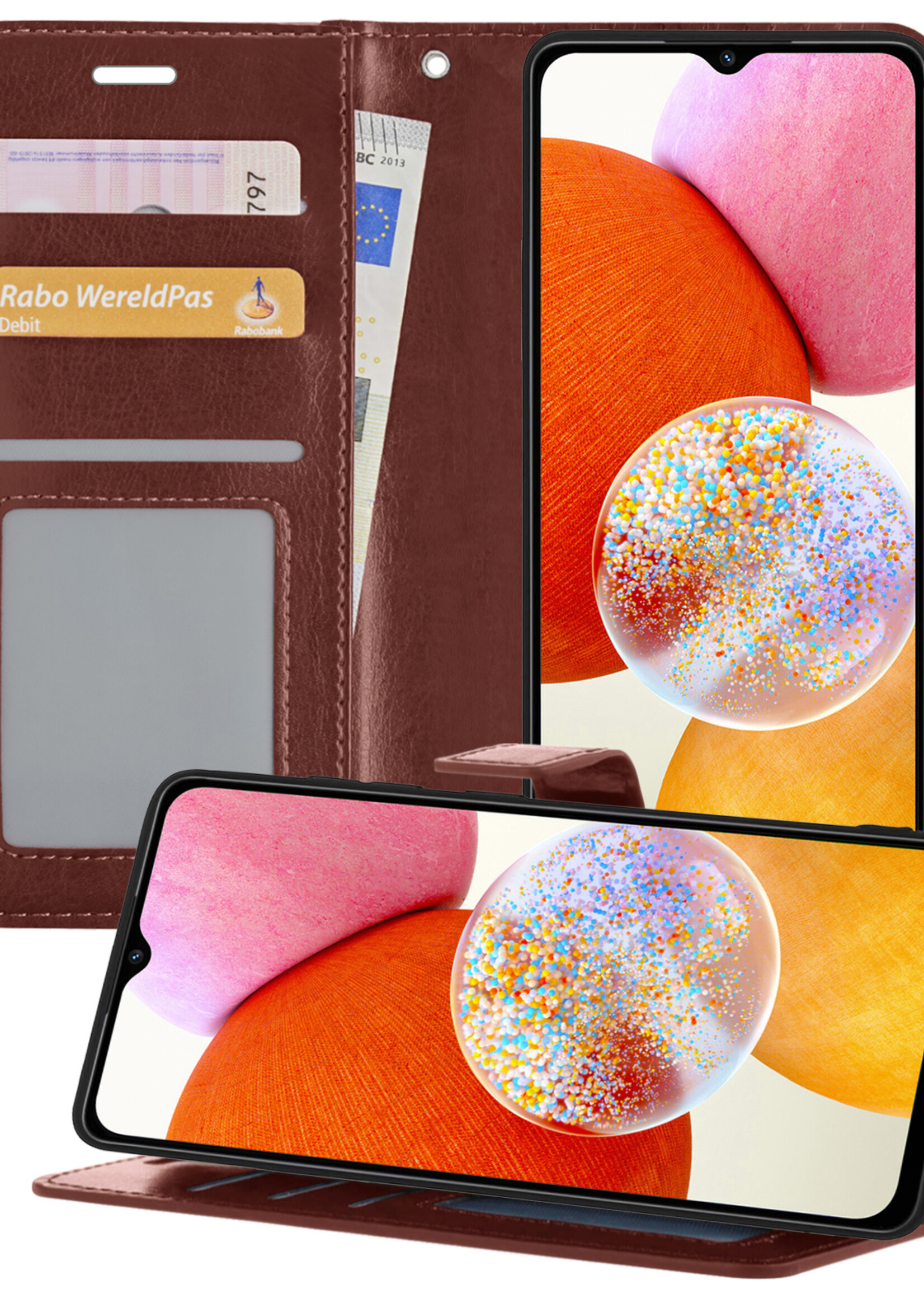 BTH Samsung A14 Hoesje Book Case Hoes Portemonnee Cover Walletcase - Samsung Galaxy A14 Hoes Bookcase Hoesje - Bruin