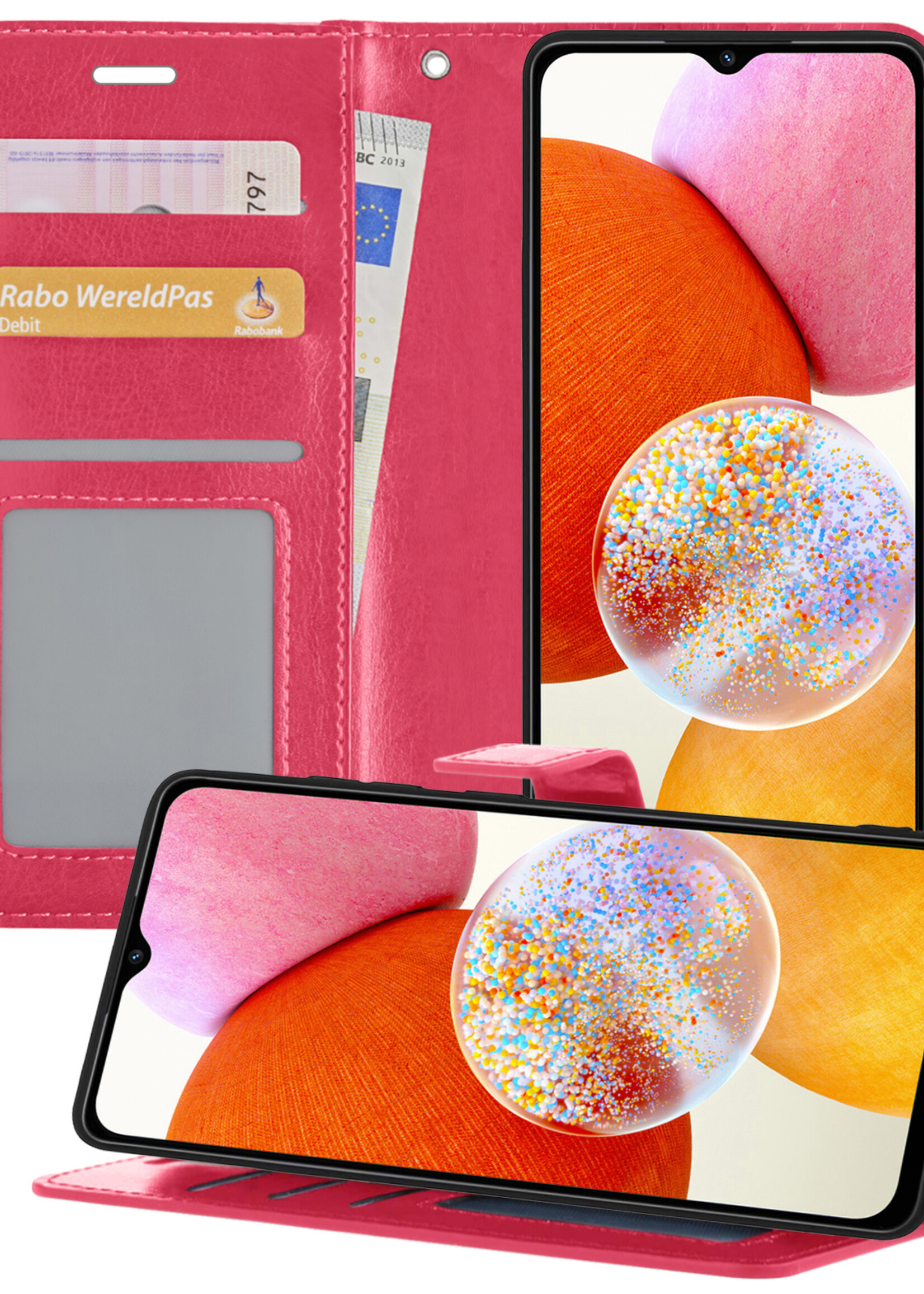 BTH Samsung A14 Hoesje Book Case Hoes Portemonnee Cover Walletcase - Samsung Galaxy A14 Hoes Bookcase Hoesje - Donkerroze