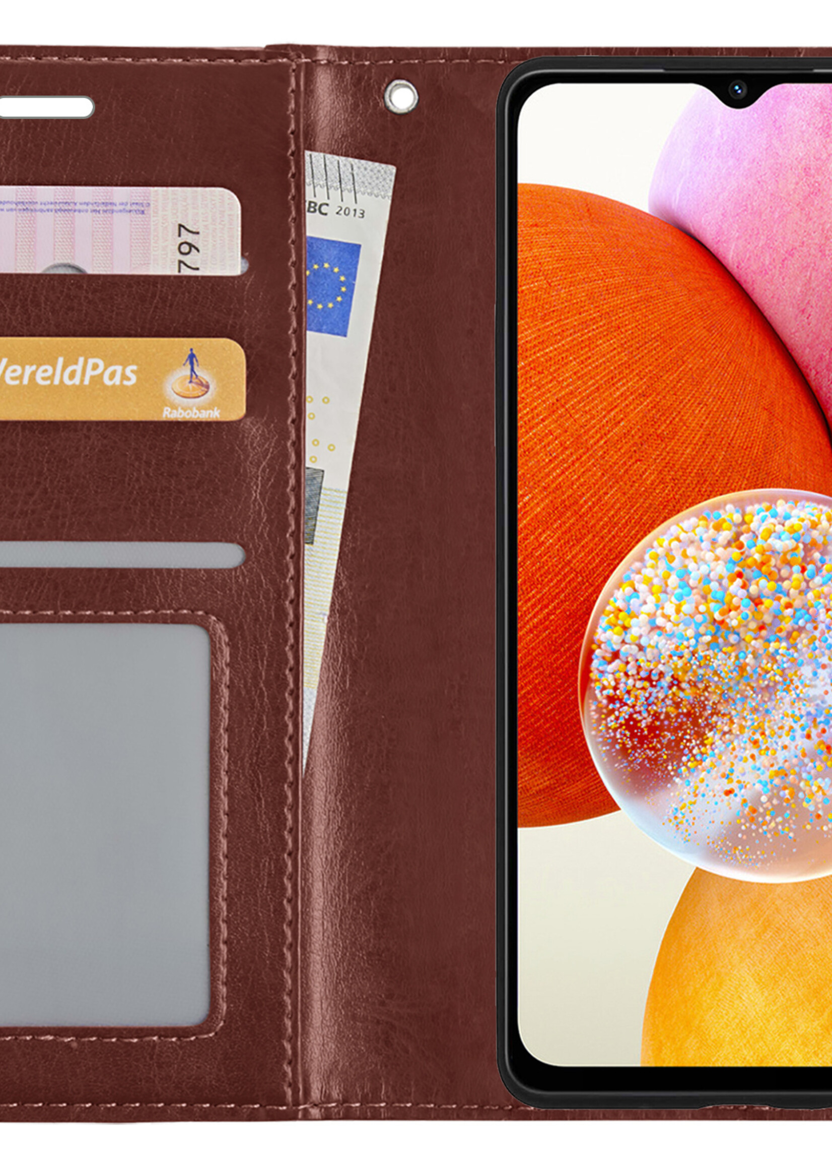 BTH Hoesje Geschikt voor Samsung A14 Hoesje Book Case Hoes Portemonnee Cover Walletcase Met Screenprotector - Hoes Geschikt voor Samsung Galaxy A14 Hoes Bookcase Hoesje - Bruin