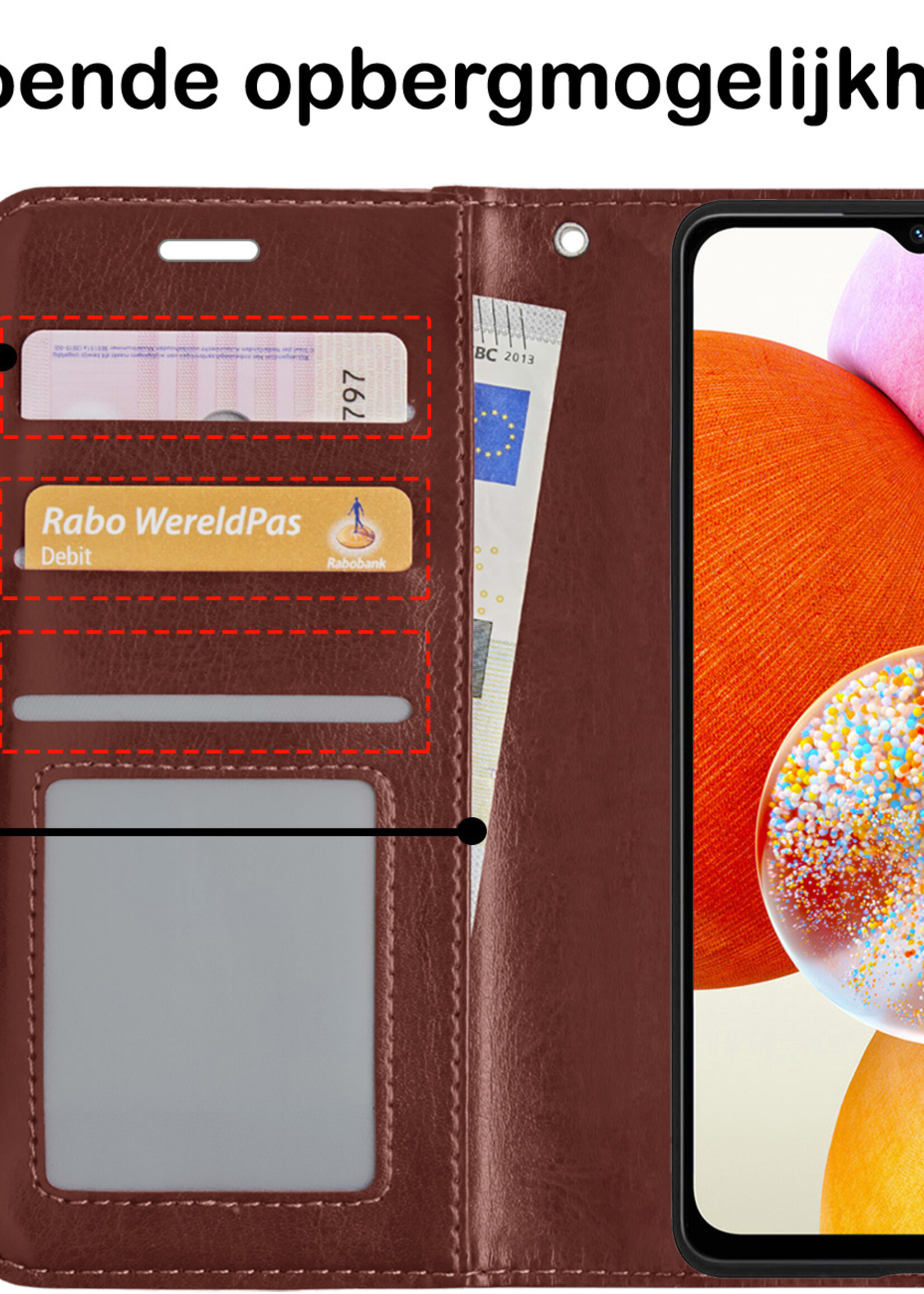 BTH Hoesje Geschikt voor Samsung A14 Hoesje Book Case Hoes Portemonnee Cover Walletcase Met Screenprotector - Hoes Geschikt voor Samsung Galaxy A14 Hoes Bookcase Hoesje - Bruin