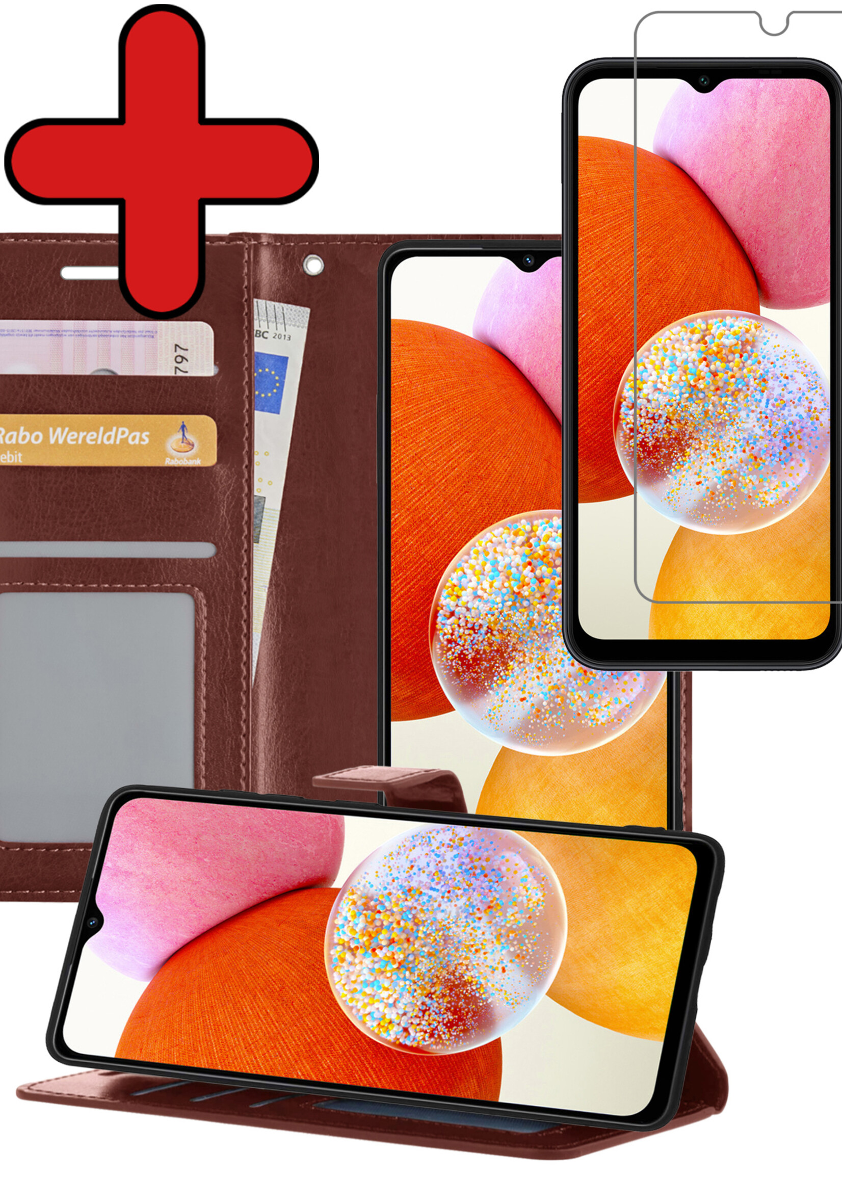 BTH Hoesje Geschikt voor Samsung A14 Hoesje Book Case Hoes Portemonnee Cover Walletcase Met Screenprotector - Hoes Geschikt voor Samsung Galaxy A14 Hoes Bookcase Hoesje - Bruin