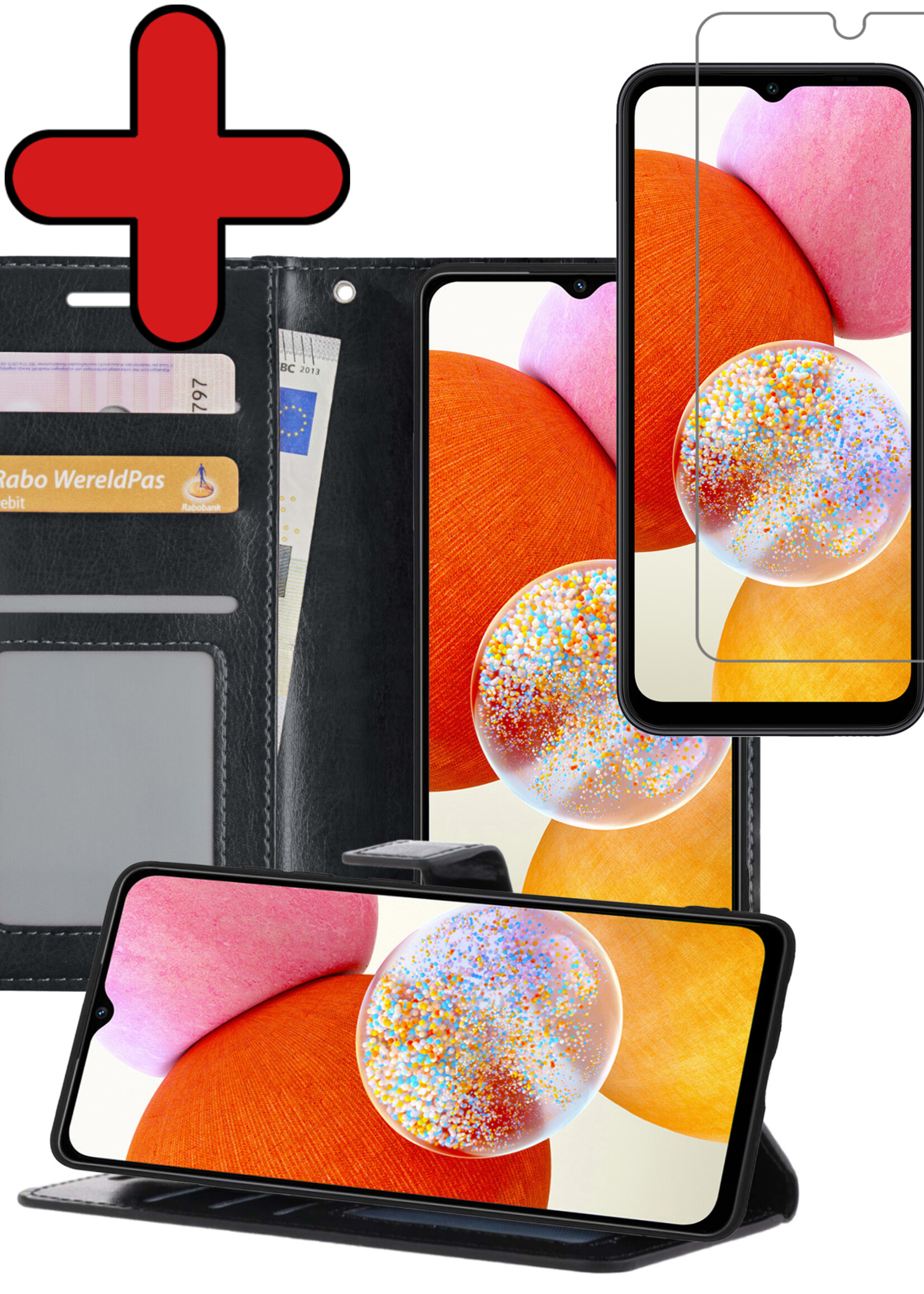 BTH Hoesje Geschikt voor Samsung A14 Hoesje Book Case Hoes Portemonnee Cover Walletcase Met Screenprotector - Hoes Geschikt voor Samsung Galaxy A14 Hoes Bookcase Hoesje - Zwart