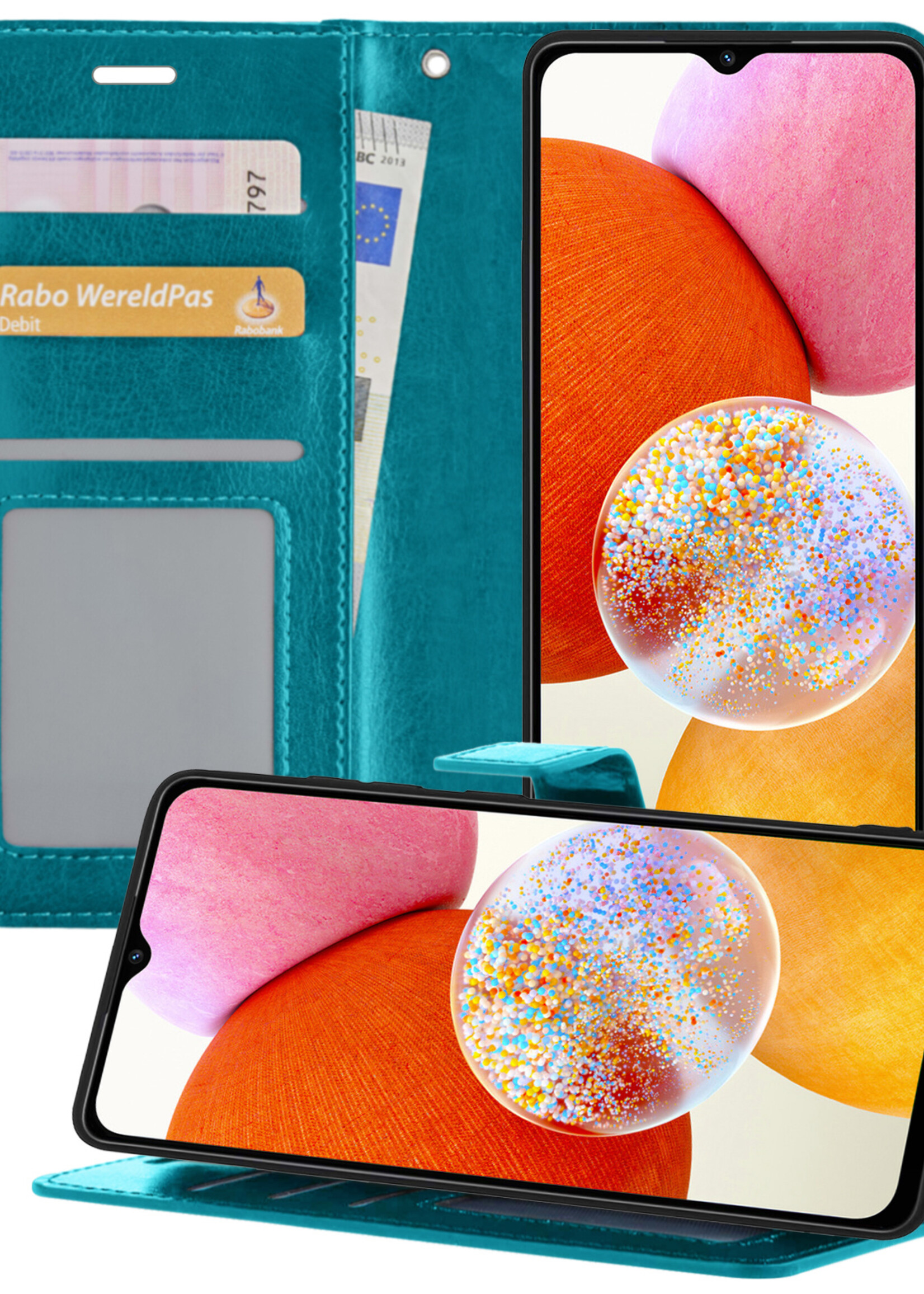 BTH Samsung A14 Hoesje Book Case Hoes Portemonnee Cover Walletcase - Samsung Galaxy A14 Hoes Bookcase Hoesje - Turquoise