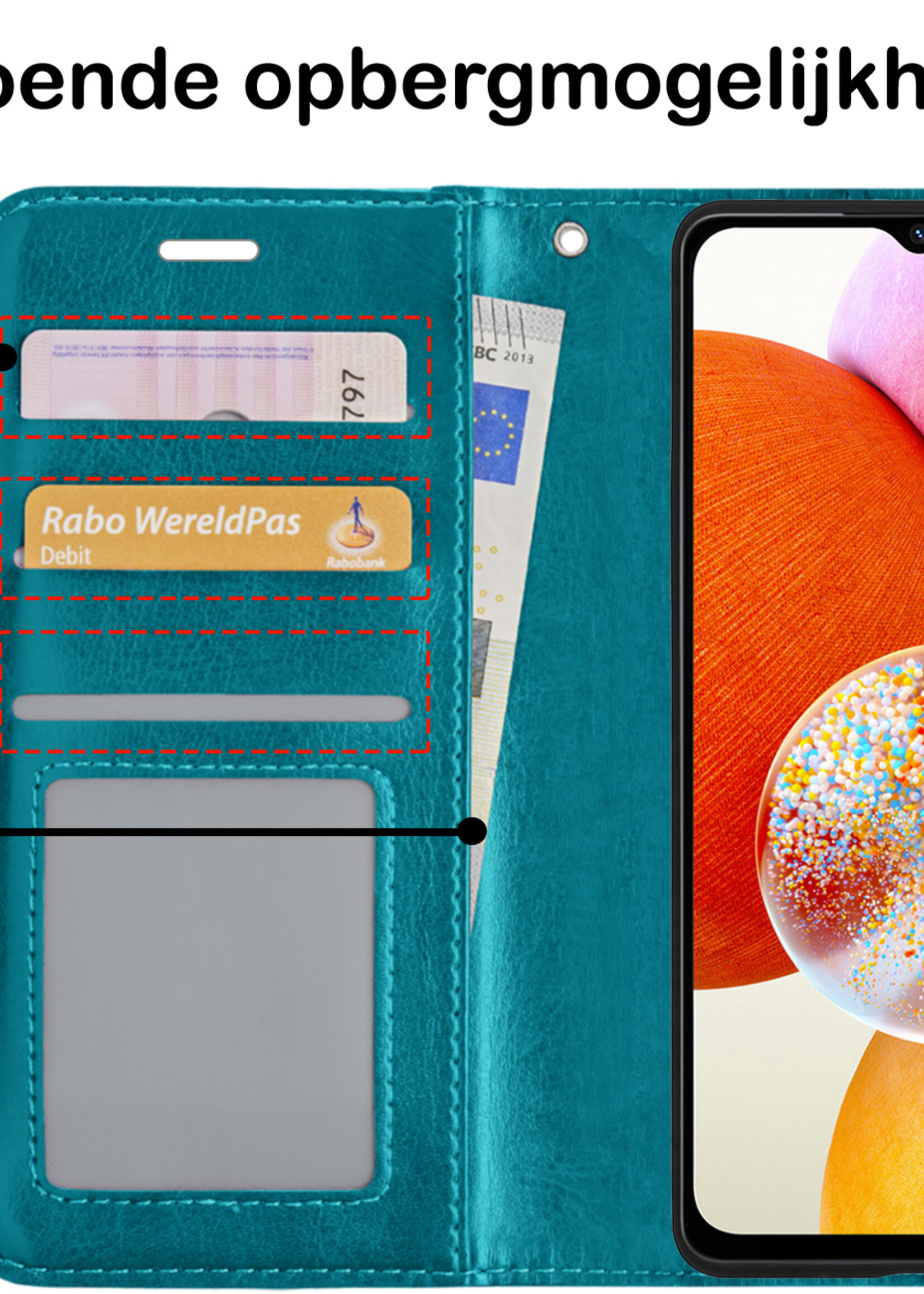 BTH Hoesje Geschikt voor Samsung A14 Hoesje Book Case Hoes Portemonnee Cover Walletcase Met Screenprotector - Hoes Geschikt voor Samsung Galaxy A14 Hoes Bookcase Hoesje - Turquoise