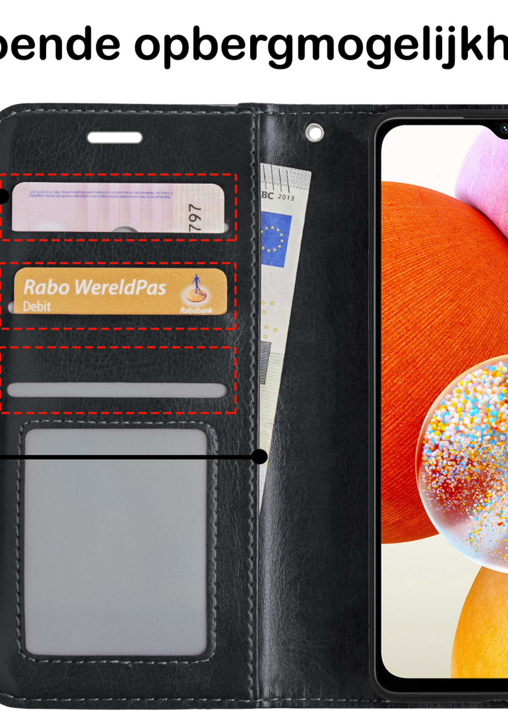 BTH Hoesje Geschikt voor Samsung A14 Hoesje Book Case Hoes Portemonnee Cover Walletcase Met Screenprotector - Hoes Geschikt voor Samsung Galaxy A14 Hoes Bookcase Hoesje - Zwart