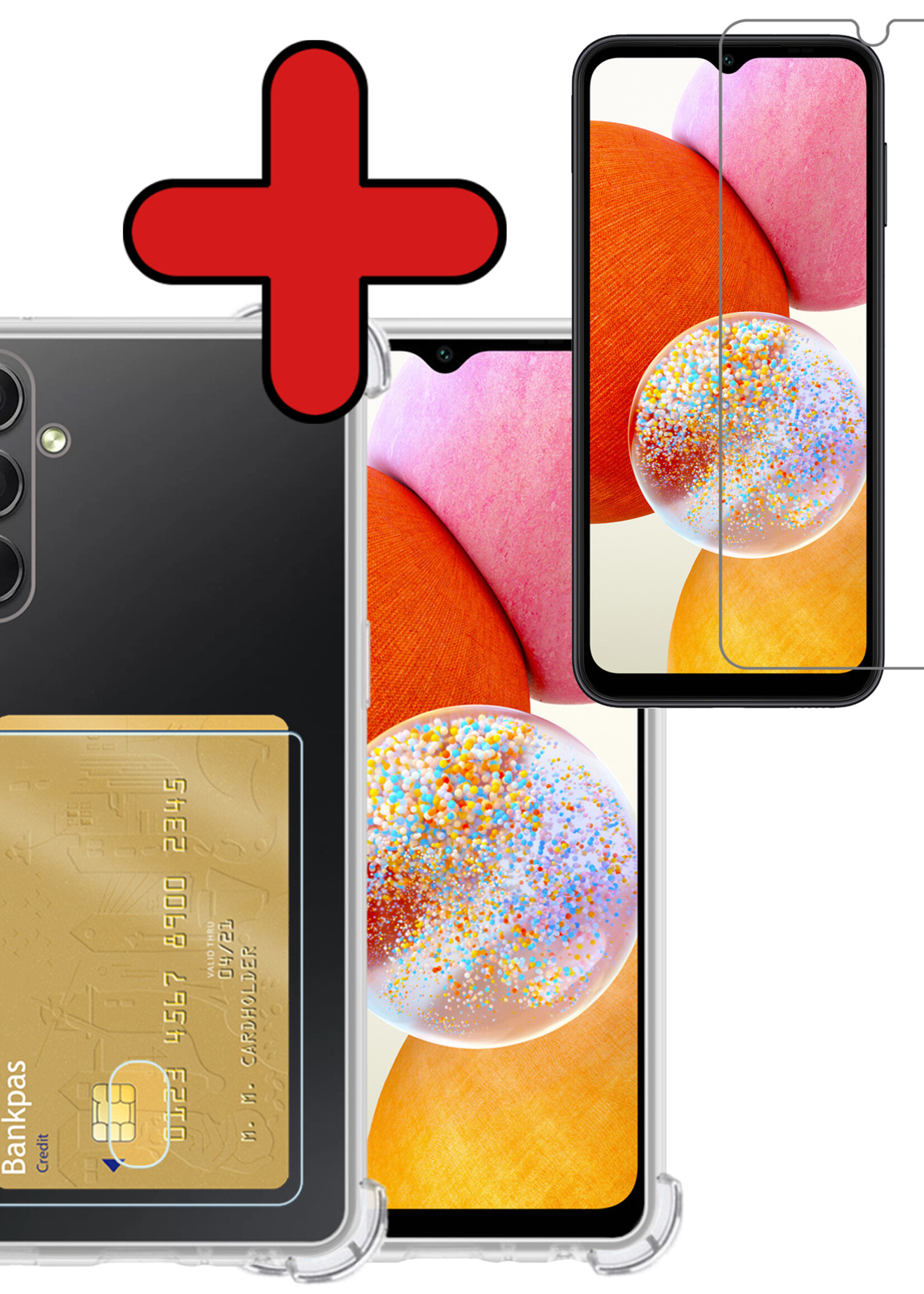 BTH Hoesje Geschikt voor Samsung A14 Hoesje Met Pasjeshouder Siliconen Case Met Kaarthouder Met Screenprotector - Hoes Geschikt voor Samsung Galaxy A14 Hoesje Shock Proof Case - Transparant