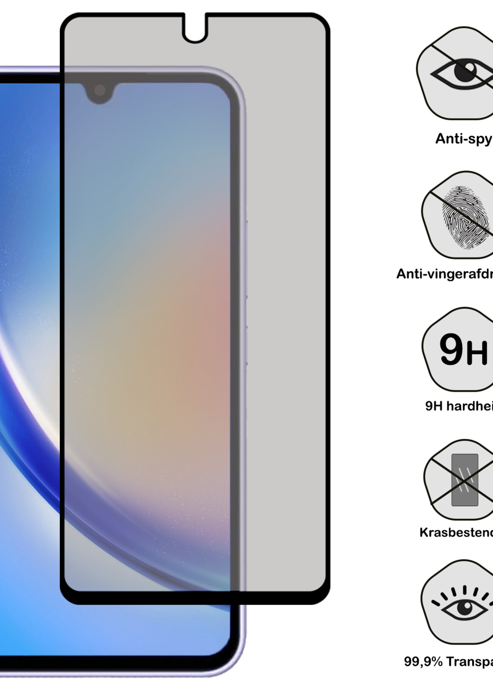 BTH Screenprotector Geschikt voor Samsung A34 Screenprotector Privacy Glas Gehard Full Cover - Screenprotector Geschikt voor Samsung Galaxy A34 Screenprotector Privacy Tempered Glass - 3 PACK