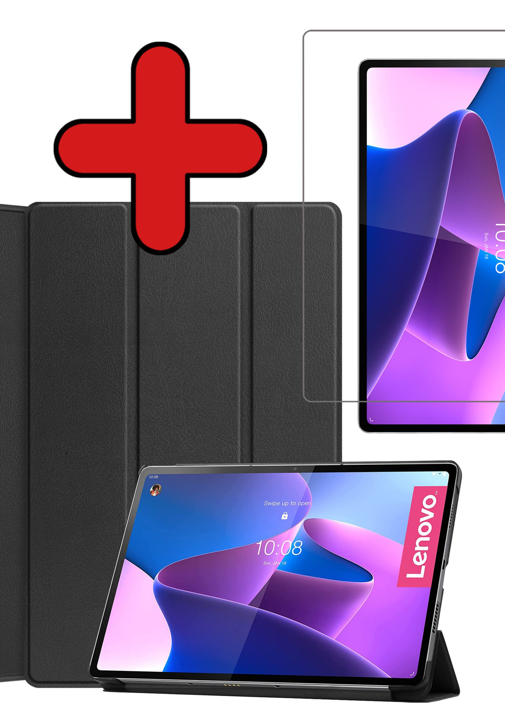 BTH Hoes Geschikt voor Lenovo Tab P12 Pro Hoes Book Case Hoesje Trifold Cover Met Screenprotector - Hoesje Geschikt voor Lenovo Tab P12 Pro Hoesje Bookcase - Zwart