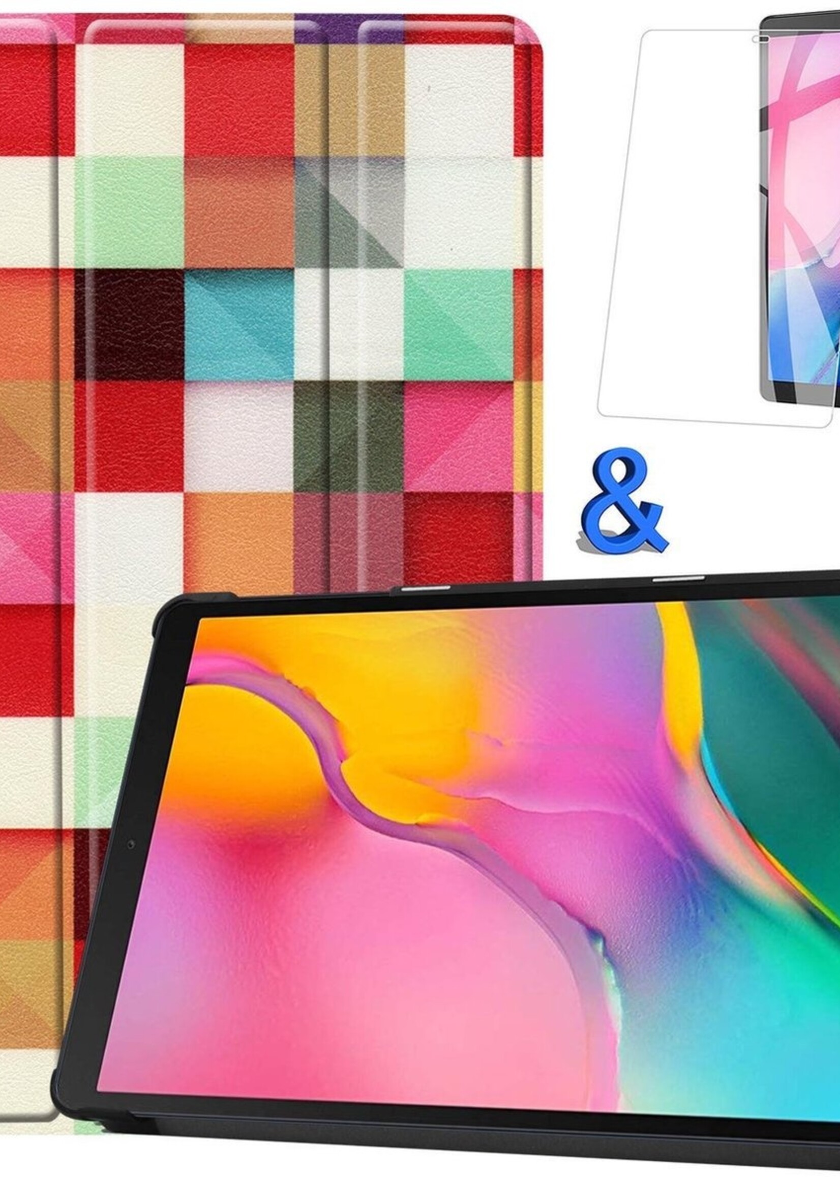 BTH Hoes Geschikt voor Samsung Galaxy Tab A 10.1 2019 Hoes Book Case Hoesje Trifold Cover Met Screenprotector - Hoesje Geschikt voor Samsung Tab A 10.1 2019 Hoesje Bookcase - Blokken