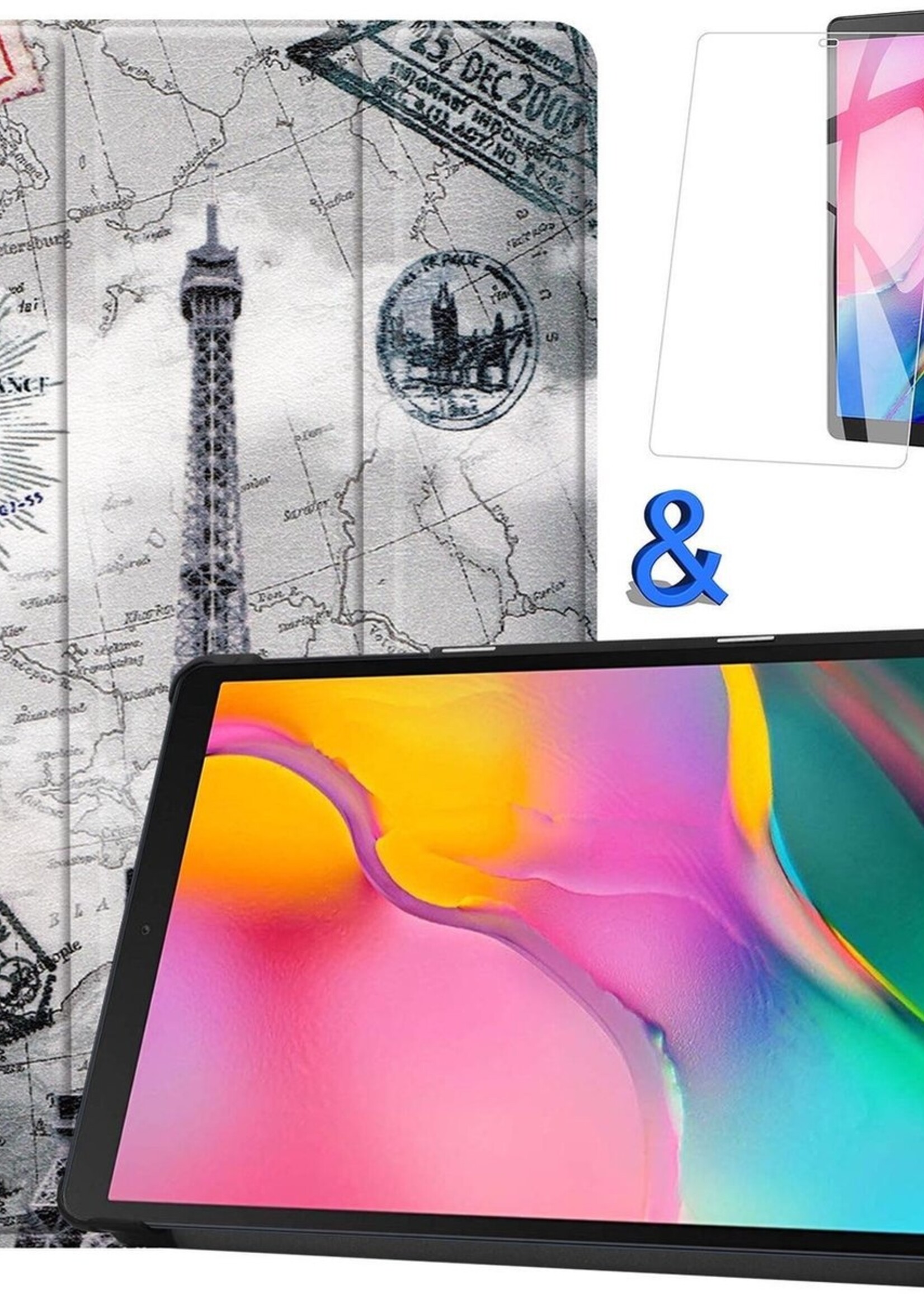 BTH Hoes Geschikt voor Samsung Galaxy Tab A 10.1 2019 Hoes Book Case Hoesje Trifold Cover Met Screenprotector - Hoesje Geschikt voor Samsung Tab A 10.1 2019 Hoesje Bookcase - Eiffeltoren