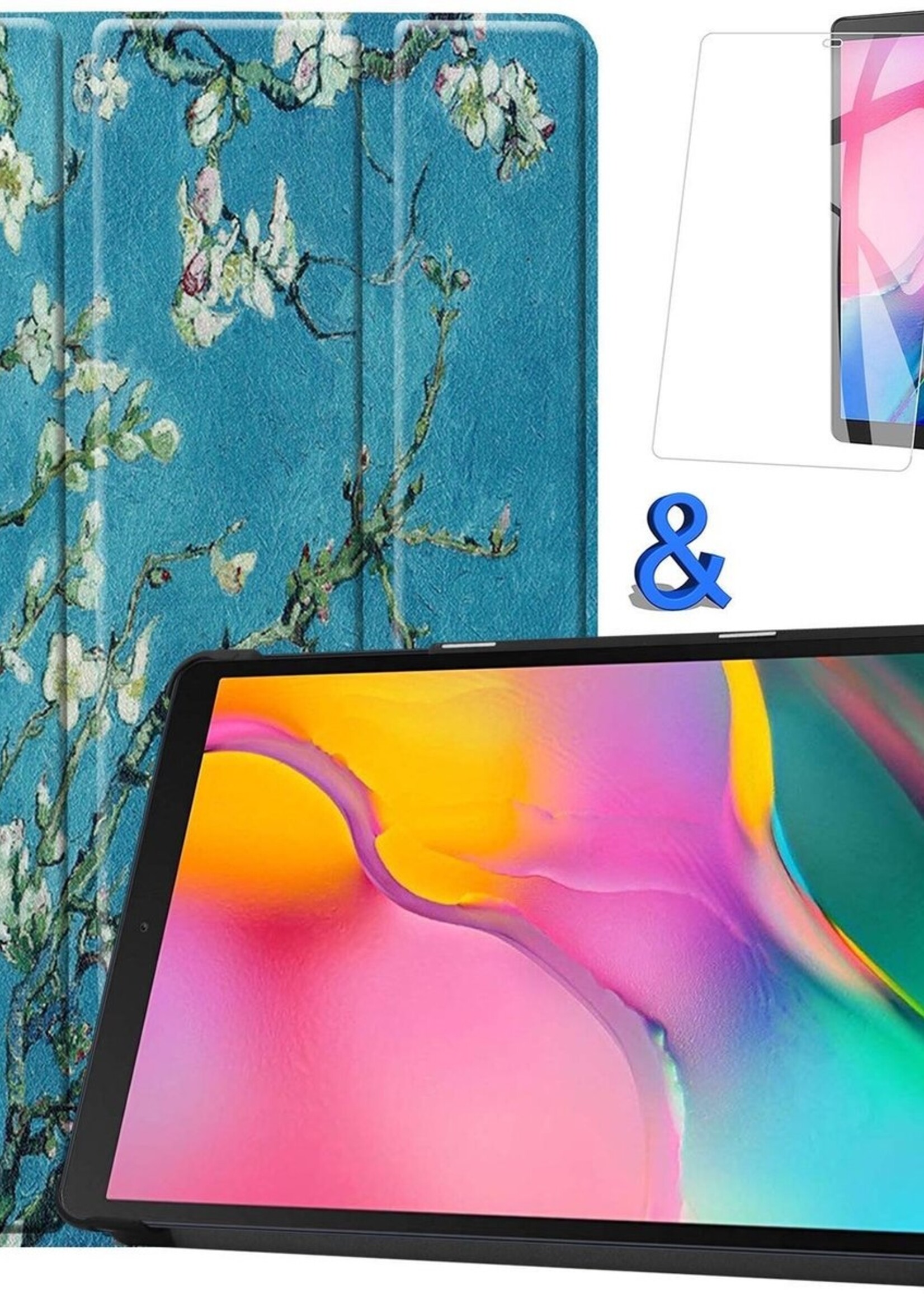BTH Hoes Geschikt voor Samsung Galaxy Tab A 10.1 2019 Hoes Book Case Hoesje Trifold Cover Met Screenprotector - Hoesje Geschikt voor Samsung Tab A 10.1 2019 Hoesje Bookcase - Bloesem