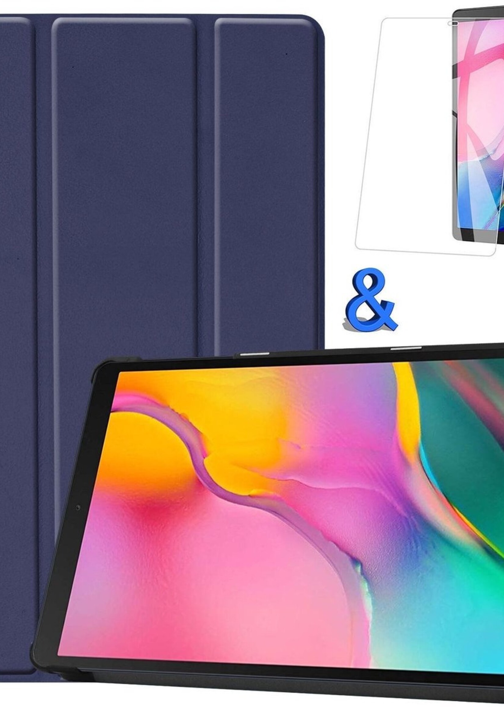 BTH Hoes Geschikt voor Samsung Galaxy Tab A 10.1 2019 Hoes Book Case Hoesje Trifold Cover Met Screenprotector - Hoesje Geschikt voor Samsung Tab A 10.1 2019 Hoesje Bookcase - Donkerblauw
