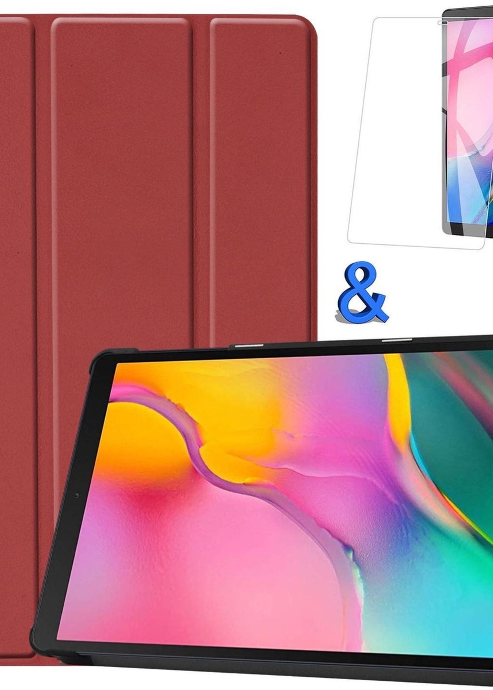 BTH Hoes Geschikt voor Samsung Galaxy Tab A 10.1 2019 Hoes Book Case Hoesje Trifold Cover Met Screenprotector - Hoesje Geschikt voor Samsung Tab A 10.1 2019 Hoesje Bookcase - Donkerrood
