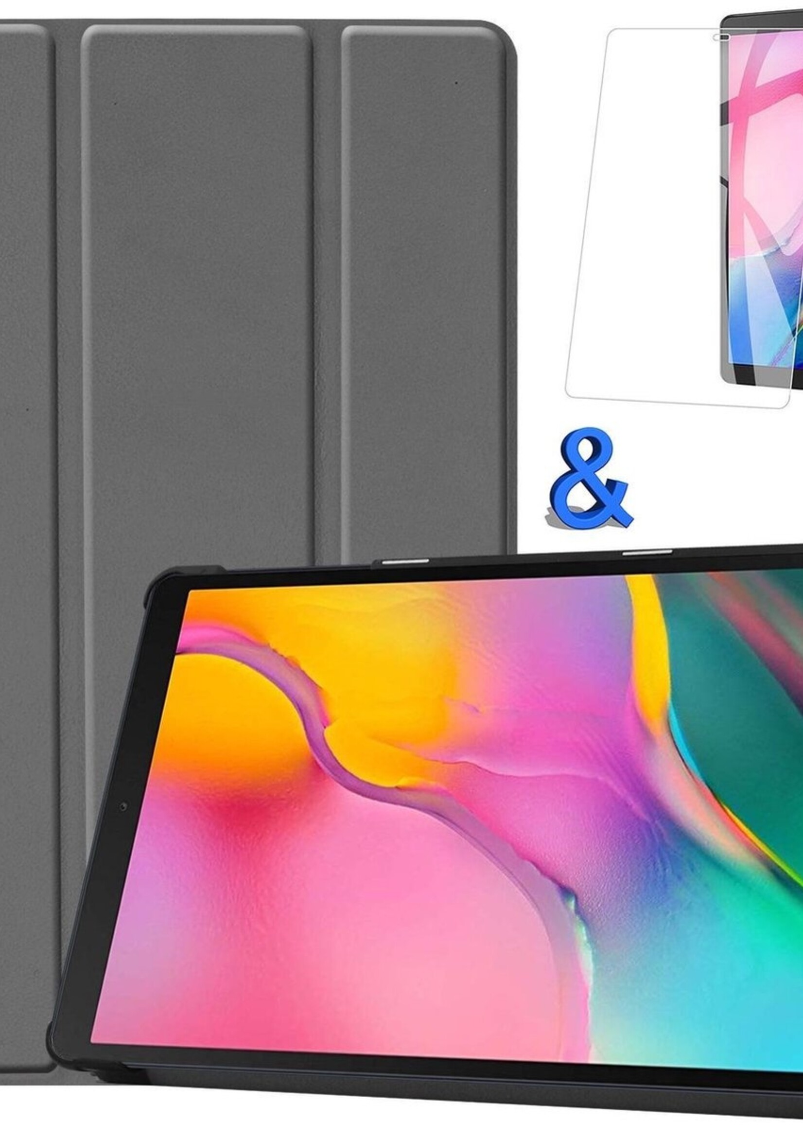 BTH Hoes Geschikt voor Samsung Galaxy Tab A 10.1 2019 Hoes Book Case Hoesje Trifold Cover Met Screenprotector - Hoesje Geschikt voor Samsung Tab A 10.1 2019 Hoesje Bookcase - Grijs