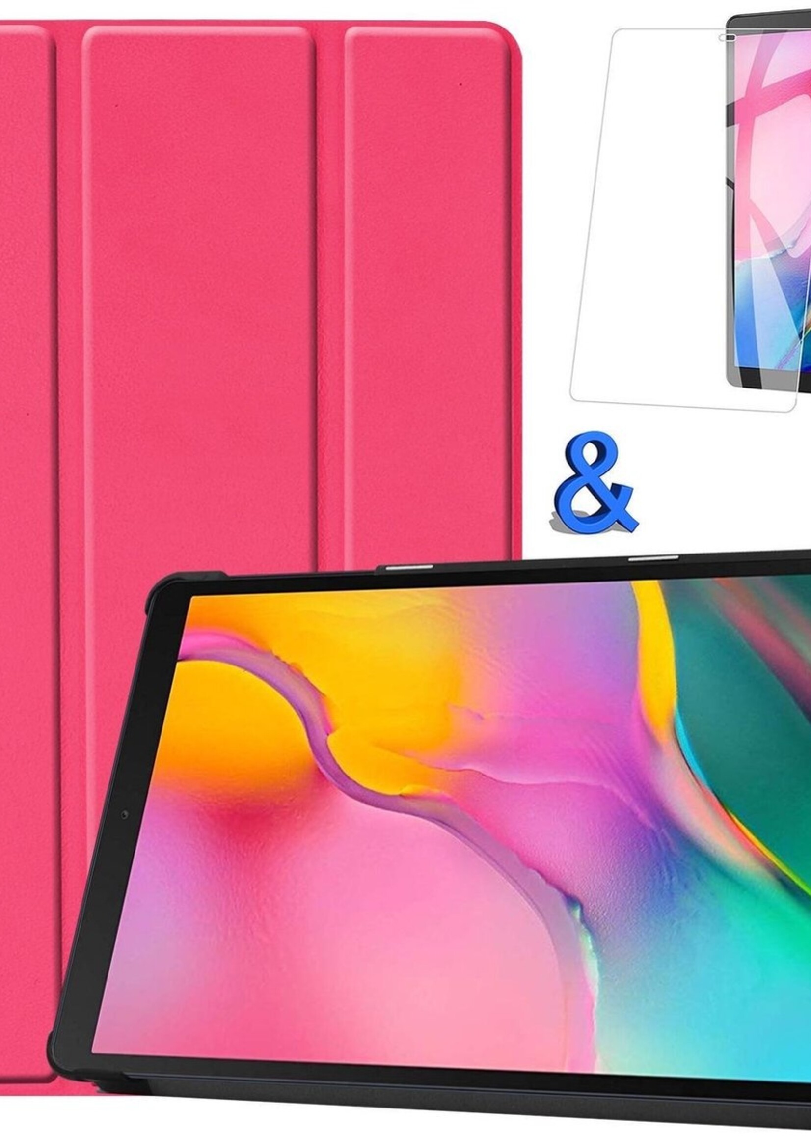 BTH Hoes Geschikt voor Samsung Galaxy Tab A 10.1 2019 Hoes Book Case Hoesje Trifold Cover Met Screenprotector - Hoesje Geschikt voor Samsung Tab A 10.1 2019 Hoesje Bookcase - Donkerroze