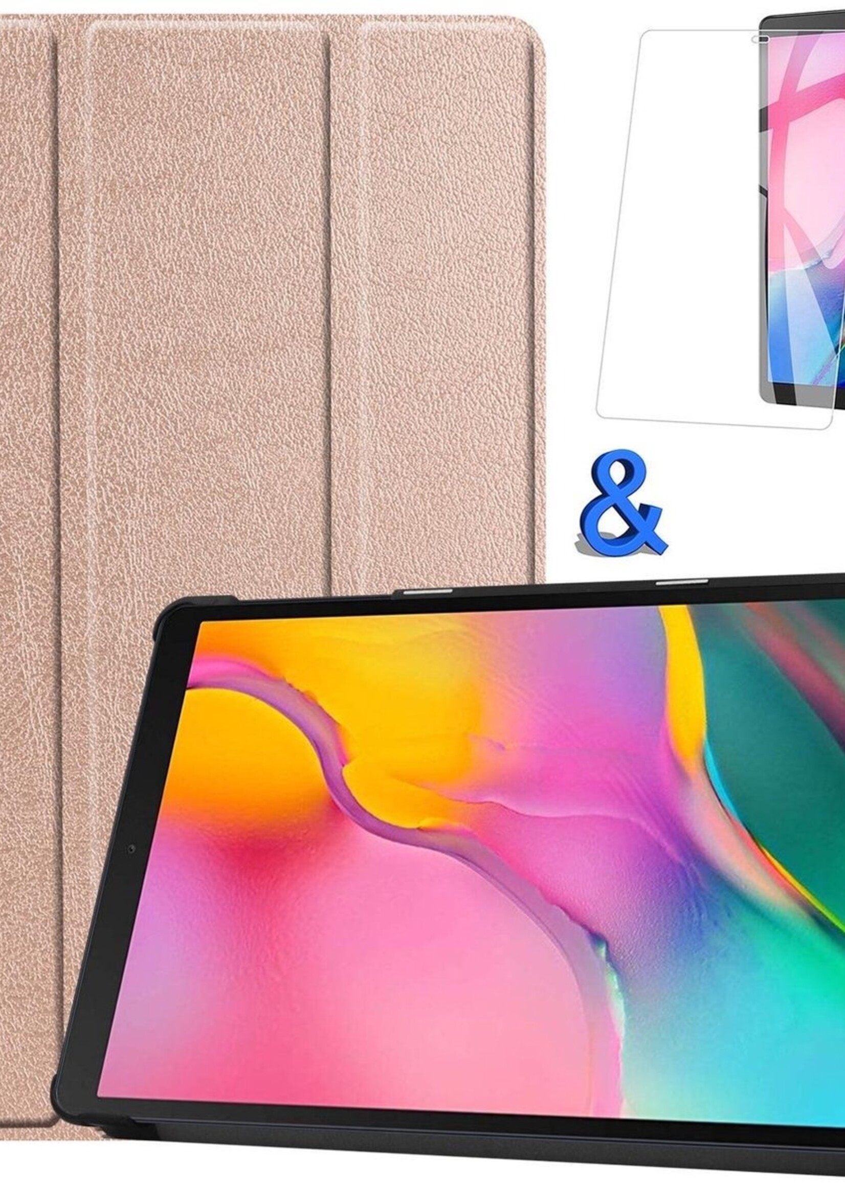 BTH Hoes Geschikt voor Samsung Galaxy Tab A 10.1 2019 Hoes Book Case Hoesje Trifold Cover Met Screenprotector - Hoesje Geschikt voor Samsung Tab A 10.1 2019 Hoesje Bookcase - Rosé goud