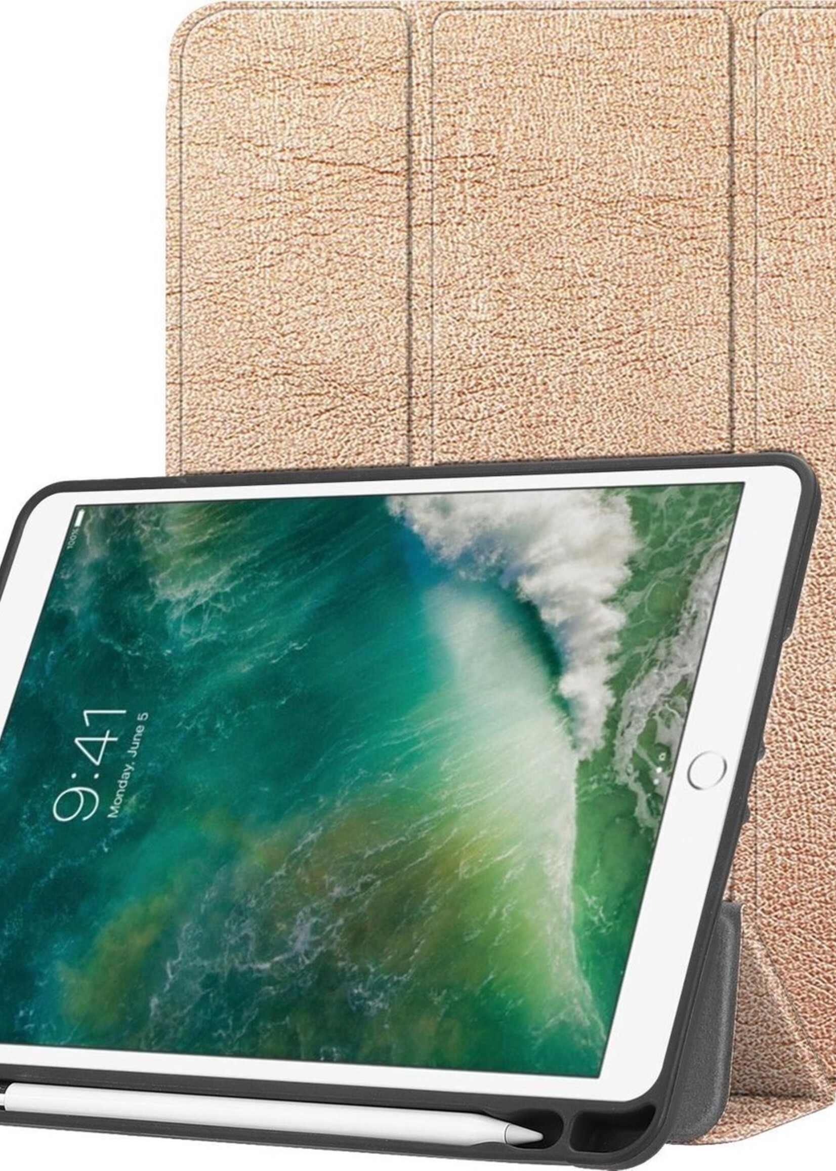 BTH Hoes Geschikt voor iPad Air 1/2 / Pro 9.7 / 2017/2018 Hoes Book Case Hoesje Trifold Cover - Hoesje Geschikt voor iPad Air 1/2 / Pro 9.7 / 5/6 Hoesje Bookcase - Rosé goud