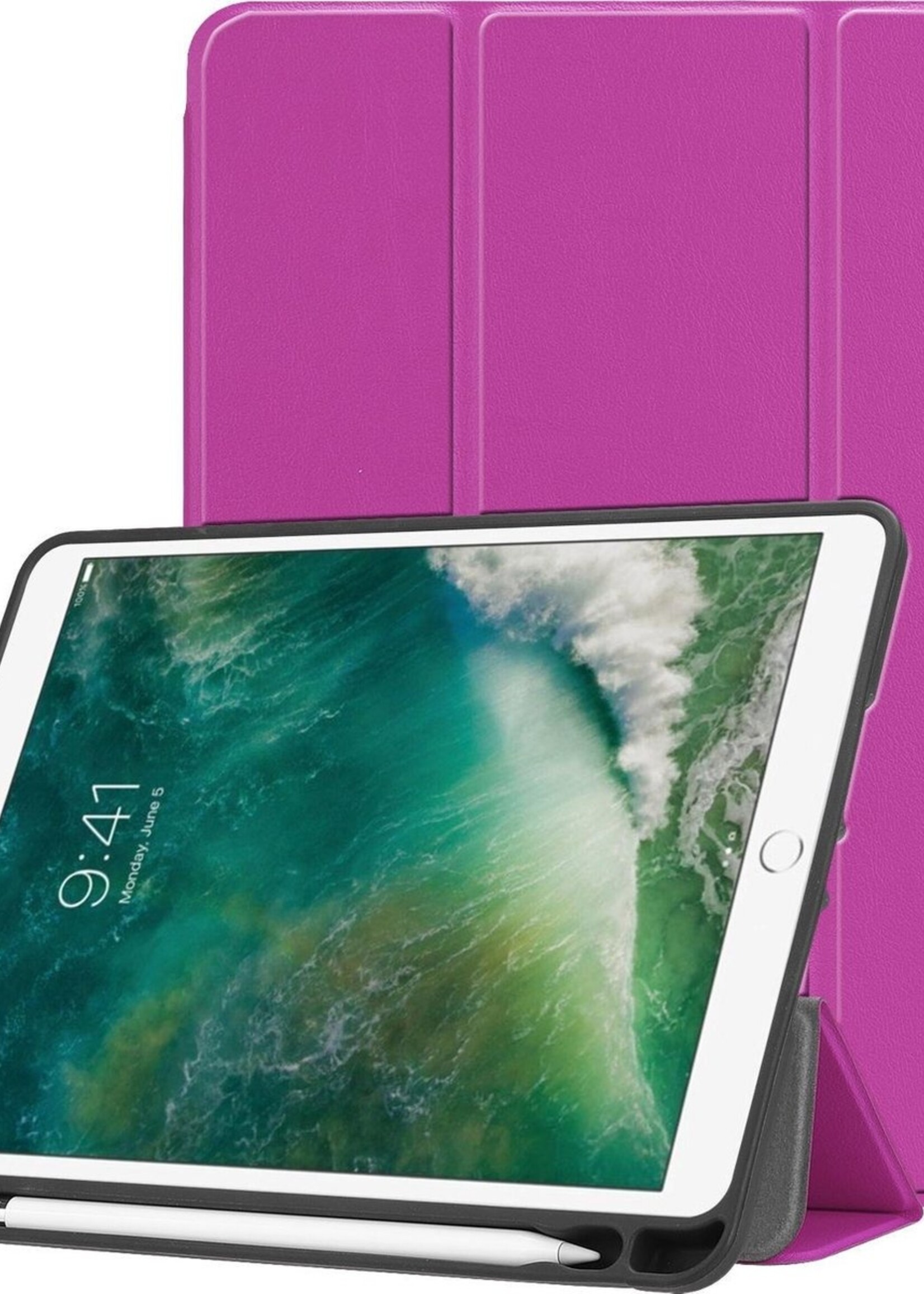 BTH Hoes Geschikt voor iPad Air 1/2 / Pro 9.7 / 2017/2018 Hoes Book Case Hoesje Trifold Cover - Hoesje Geschikt voor iPad Air 1/2 / Pro 9.7 / 5/6 Hoesje Bookcase - Paars