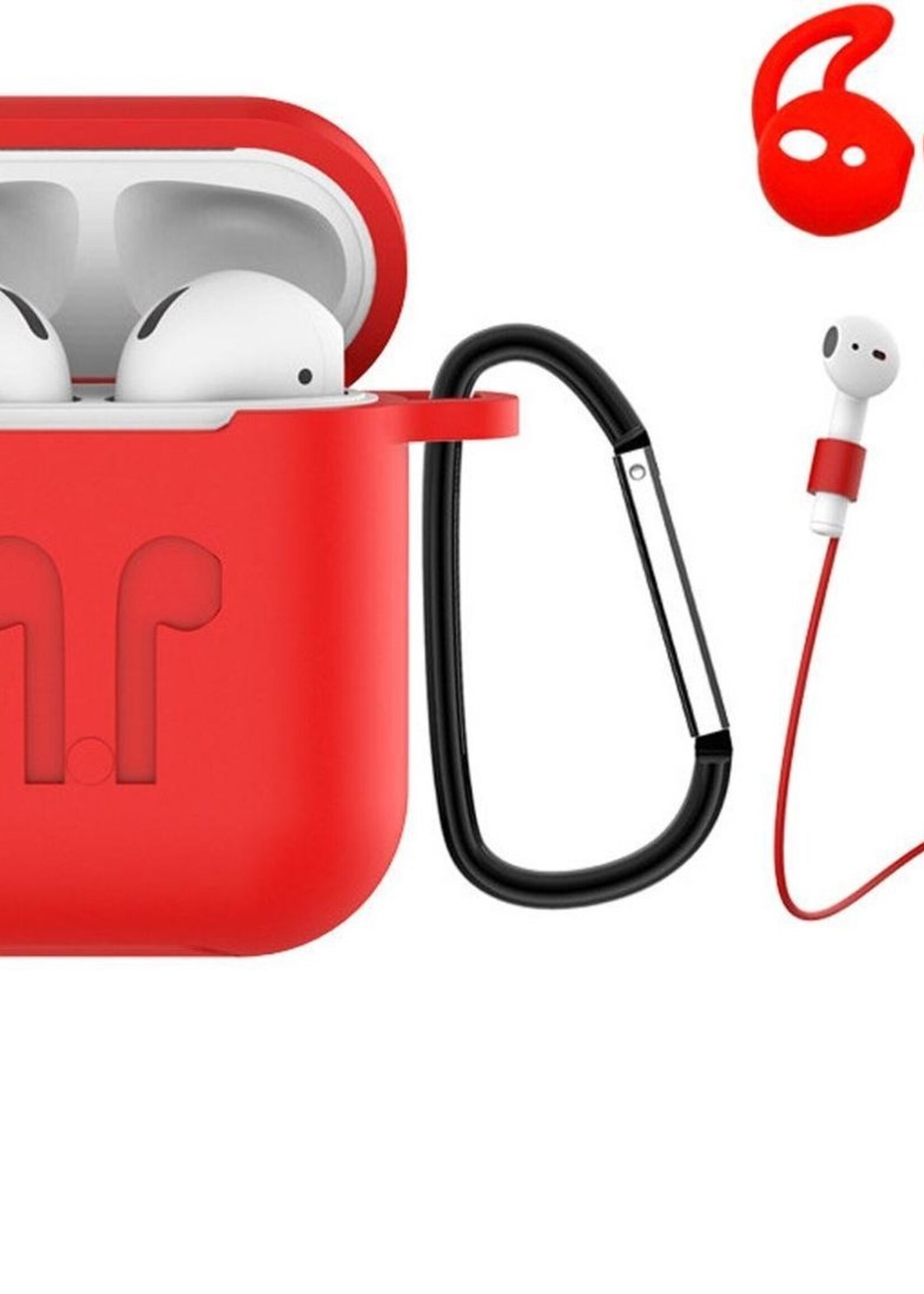BTH Case Geschikt voor AirPods Hoesje Hoes Siliconen 3-in-1 Met Clip Cover - Hoesje Geschikt voor Apple Airpods 1/2 Siliconen 3-in-1 Met Clip - Rood