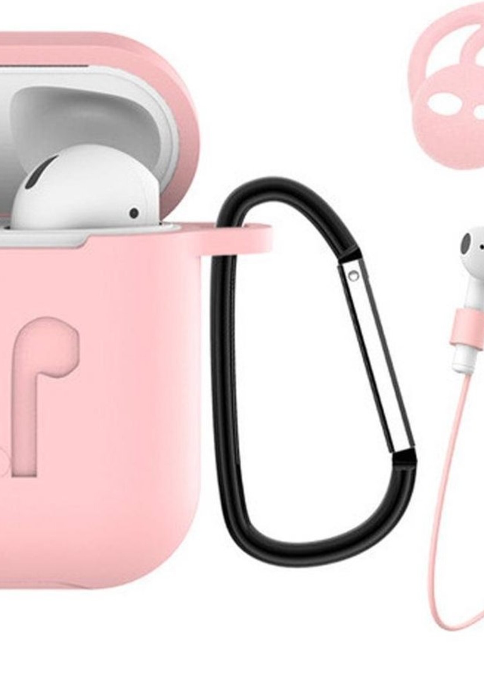 BTH Case Geschikt voor AirPods 1 Hoesje Hoes Siliconen 3-in-1 Met Clip Cover - Hoesje Geschikt voor Apple Airpods 1 Siliconen 3-in-1 Met Clip - Roze