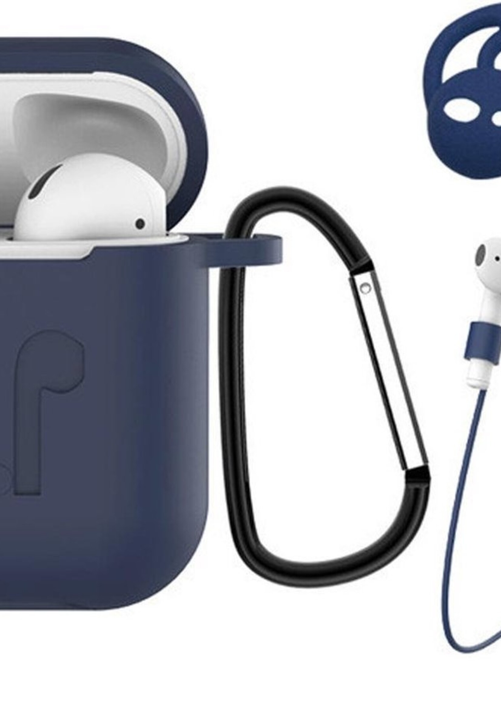 BTH Case Geschikt voor AirPods 1 Hoesje Hoes Siliconen 3-in-1 Met Clip Cover - Hoesje Geschikt voor Apple Airpods 1 Siliconen 3-in-1 Met Clip - Blauw